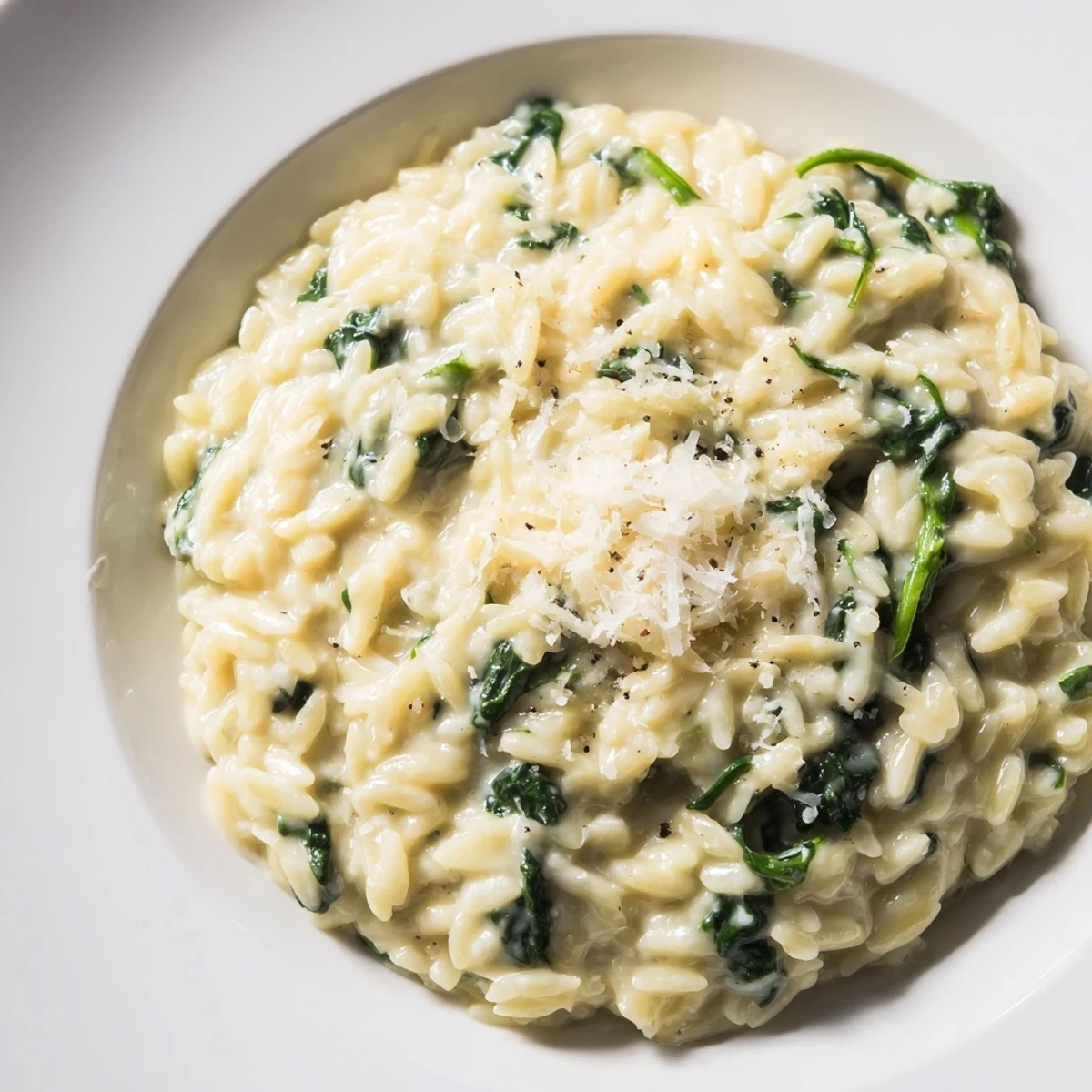 Delectable close-up of Creamy Spinach Orzo, showing creamy sauce around orzo and fresh spinach.