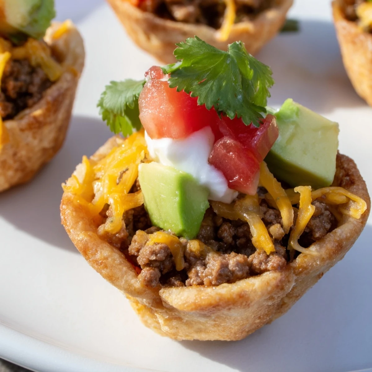 Golden-brown mini taco cups filled with seasoned beef and melted cheese, ready to be enjoyed.
