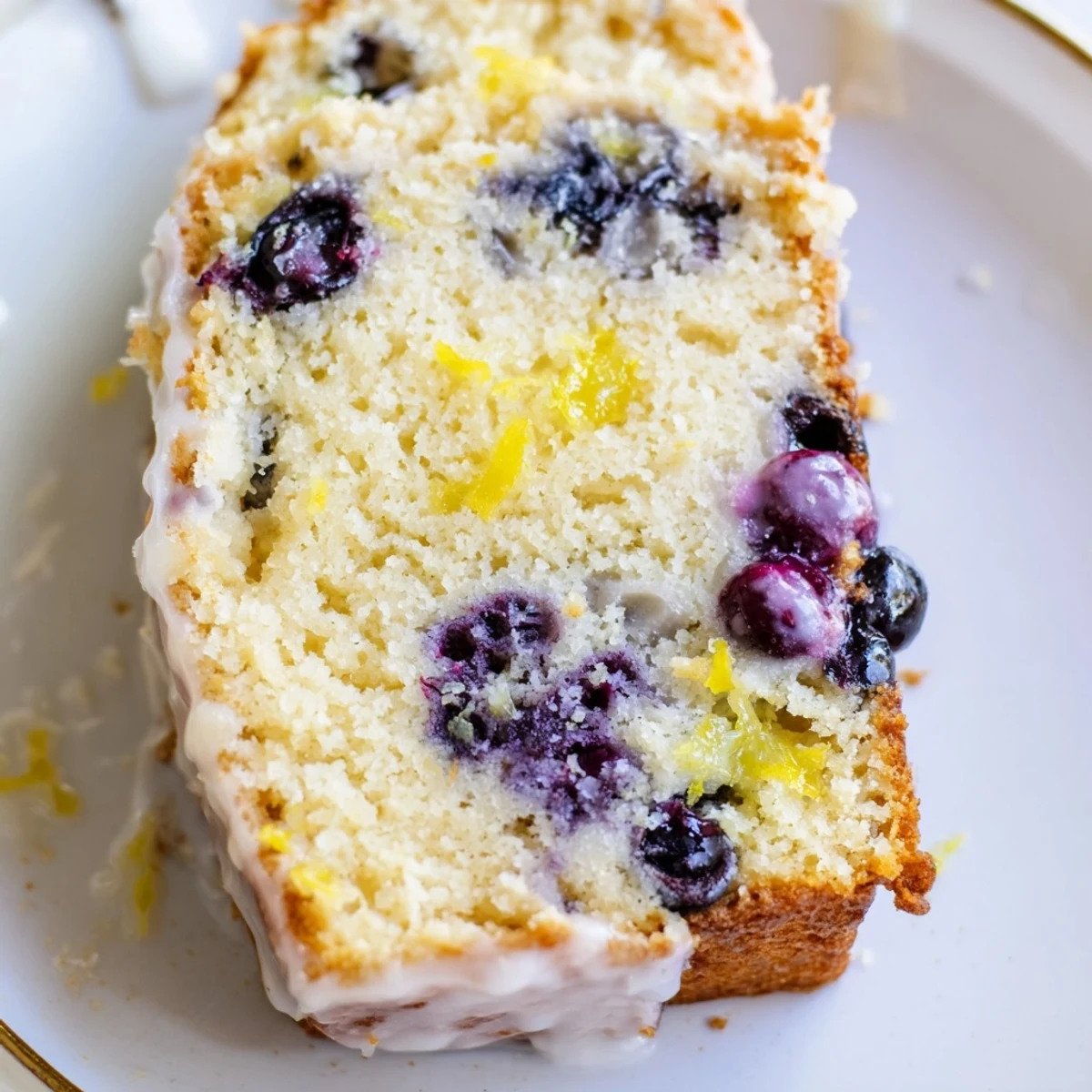 Freshly baked Lemon Blueberry Yogurt Loaf with a tender crumb and drizzled lemon glaze served.