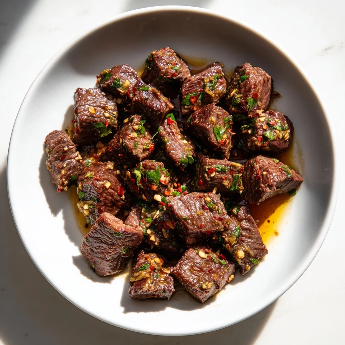 A close-up shot of tender Garlic Butter Steak Bites, garnished with fresh parsley, ready to enjoy.