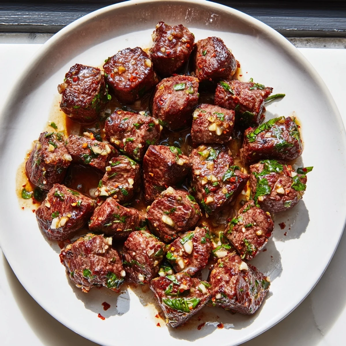 Sizzling Garlic Butter Steak Bites, perfectly browned and glistening in a rich, buttery pan sauce.