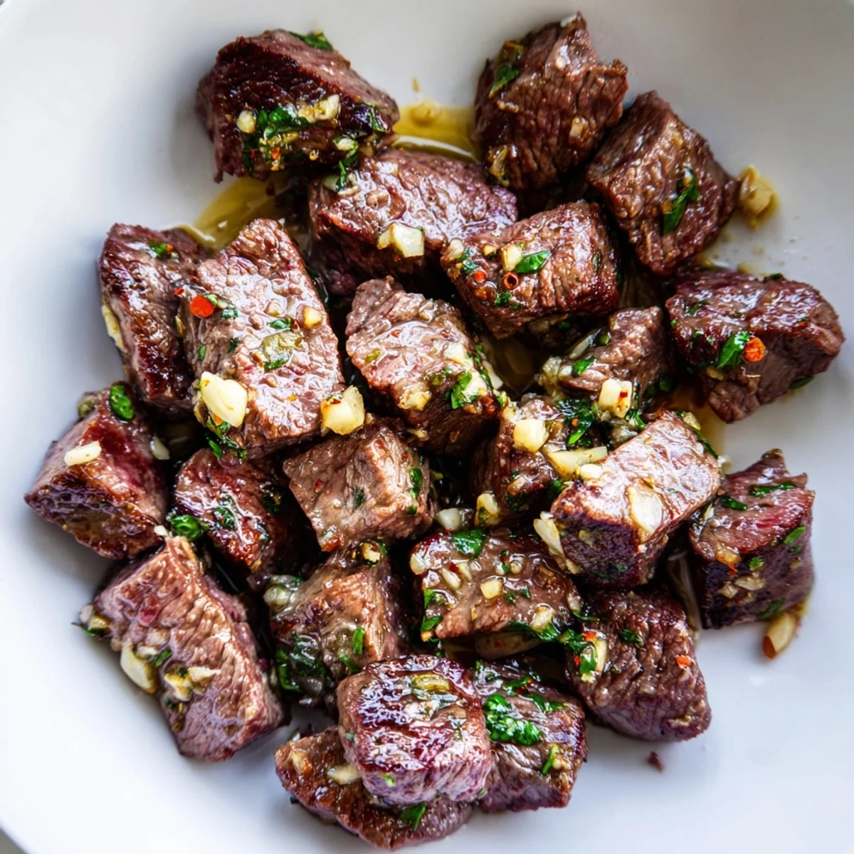 Delectable Garlic Butter Steak Bites, served hot, showcasing juicy beef coated in flavorful garlic butter.