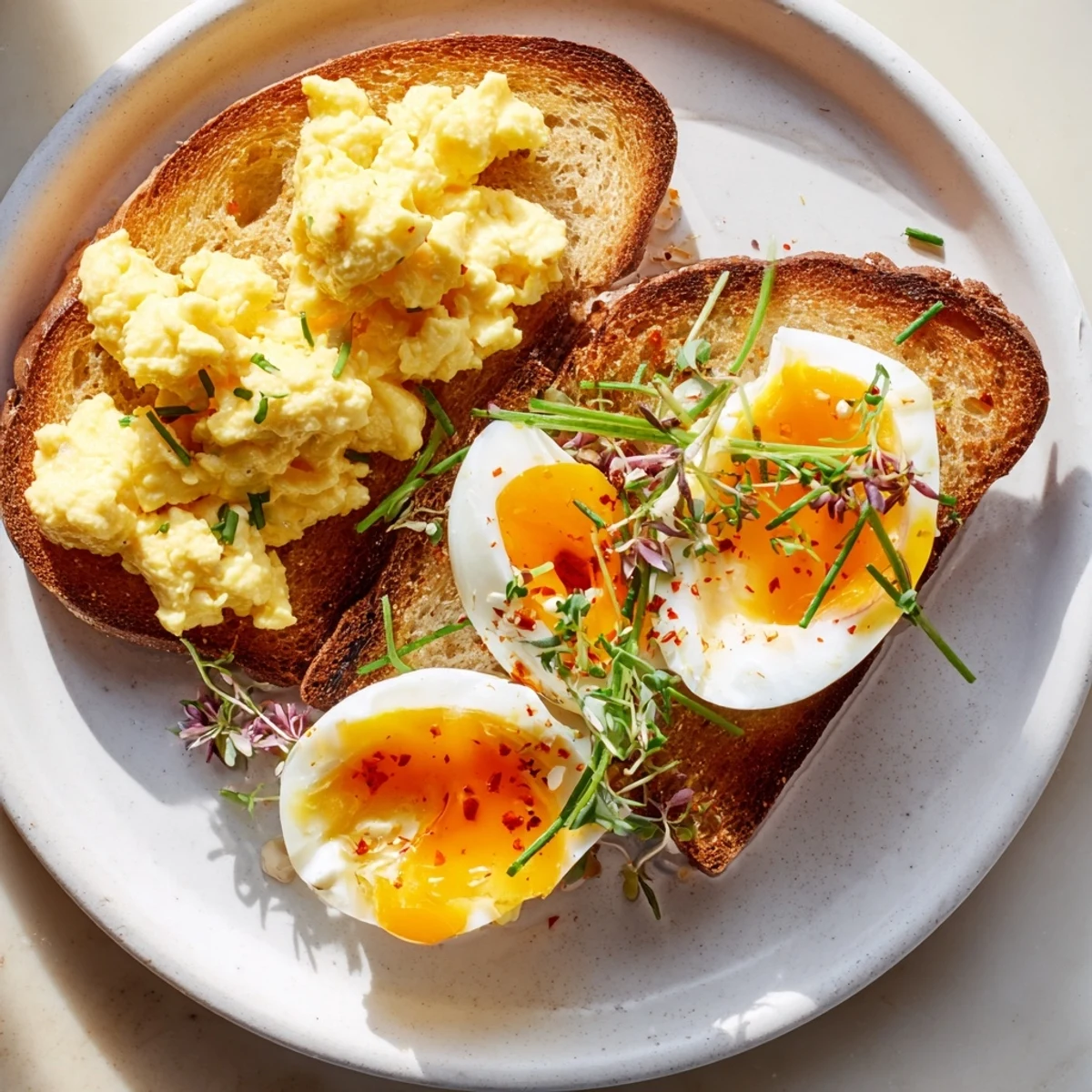 Golden toast topped with a variety of egg preparations, making an Egg Flight Toast ready to eat.