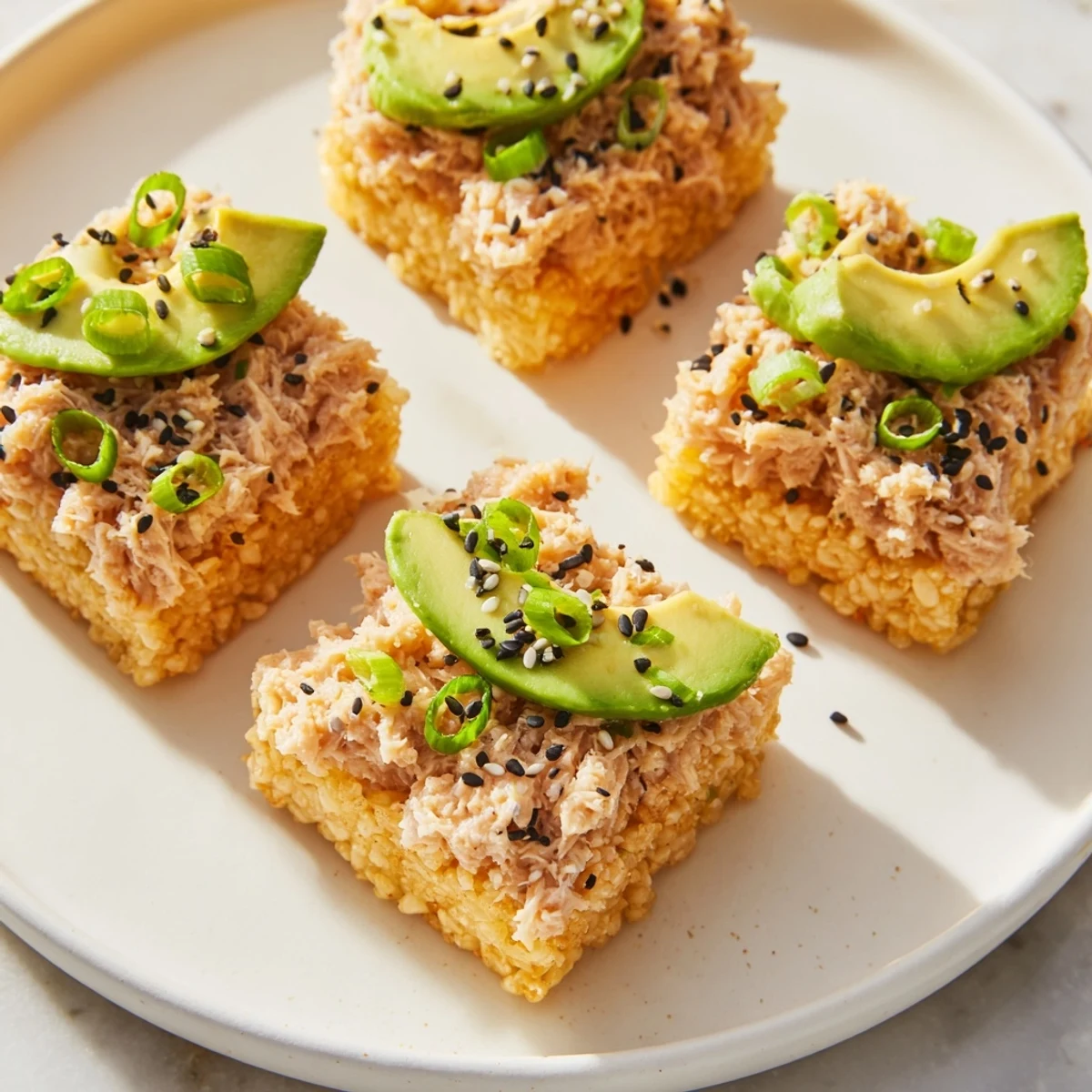 Golden crispy squares of spicy tuna crispy rice topped with creamy tuna and avocado, ready to enjoy.