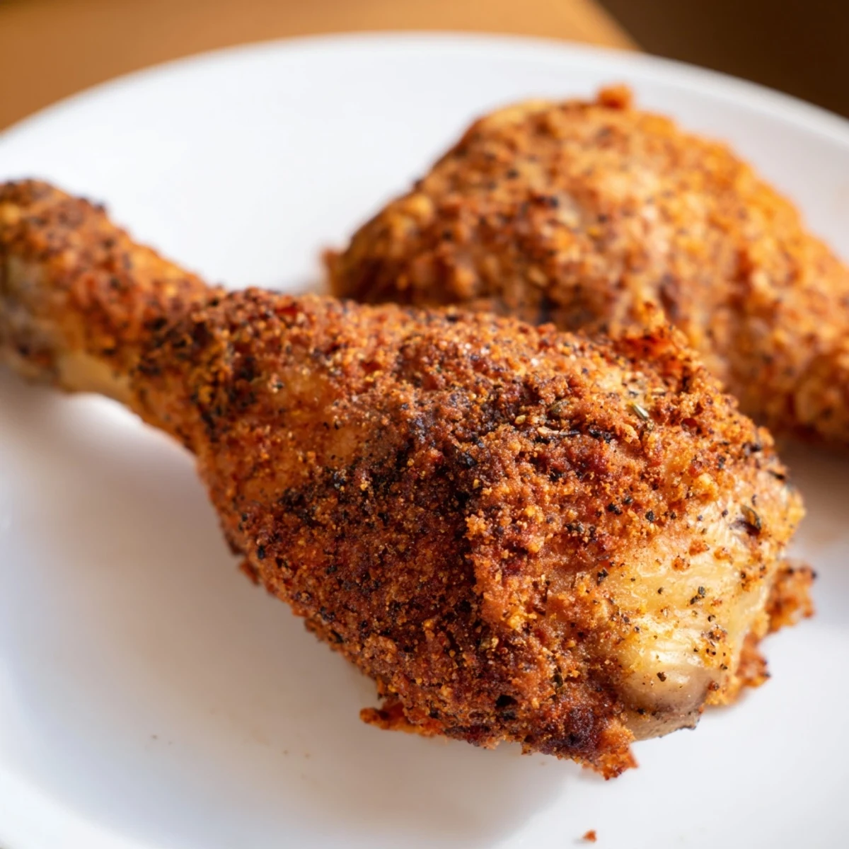 Close-up of freshly fried KFC crispy chicken, showcasing the perfectly textured, spiced, and crunchy coating.
