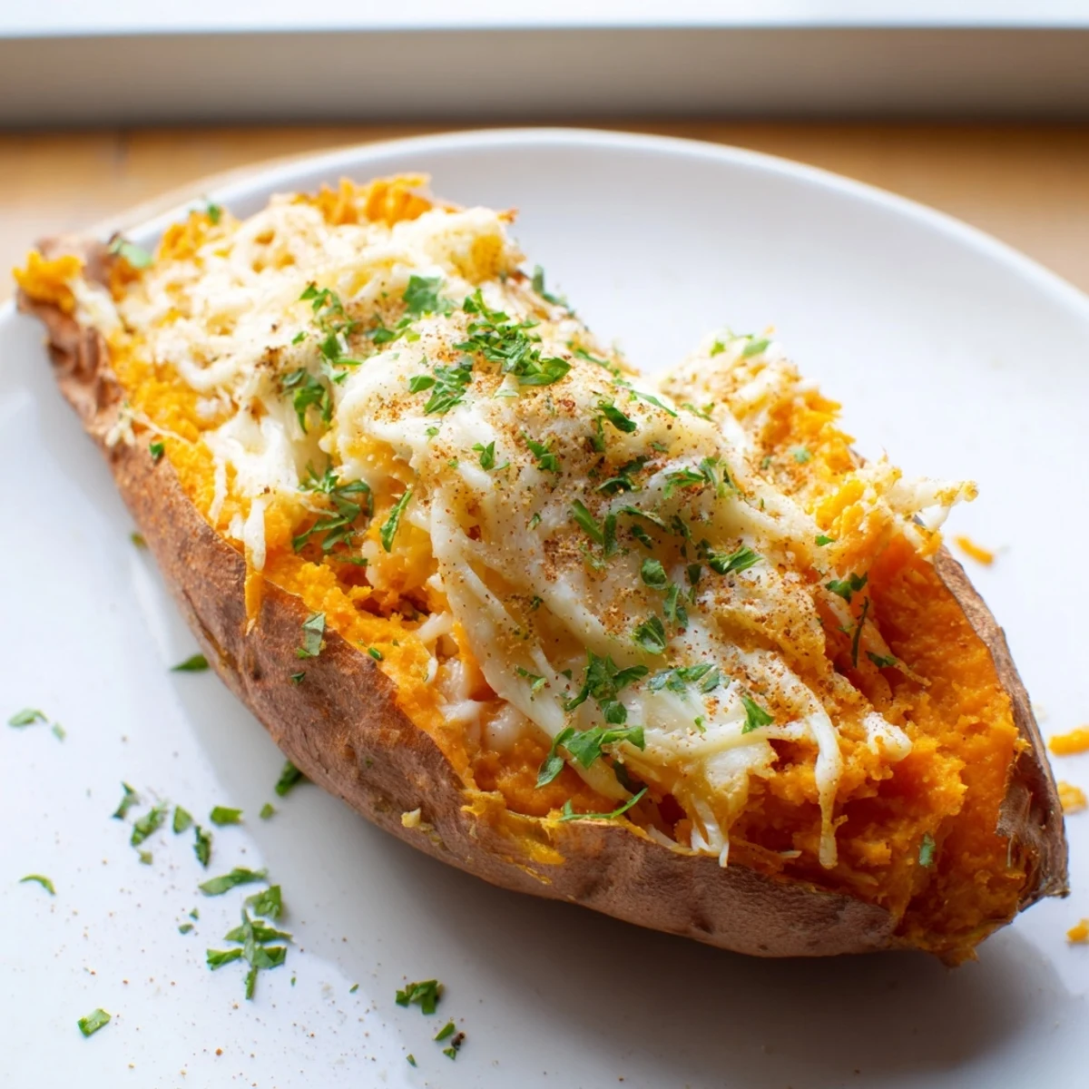Golden melted cheese spills from a baked Sweet Potato & Cheese Whole Roast, ready to eat.