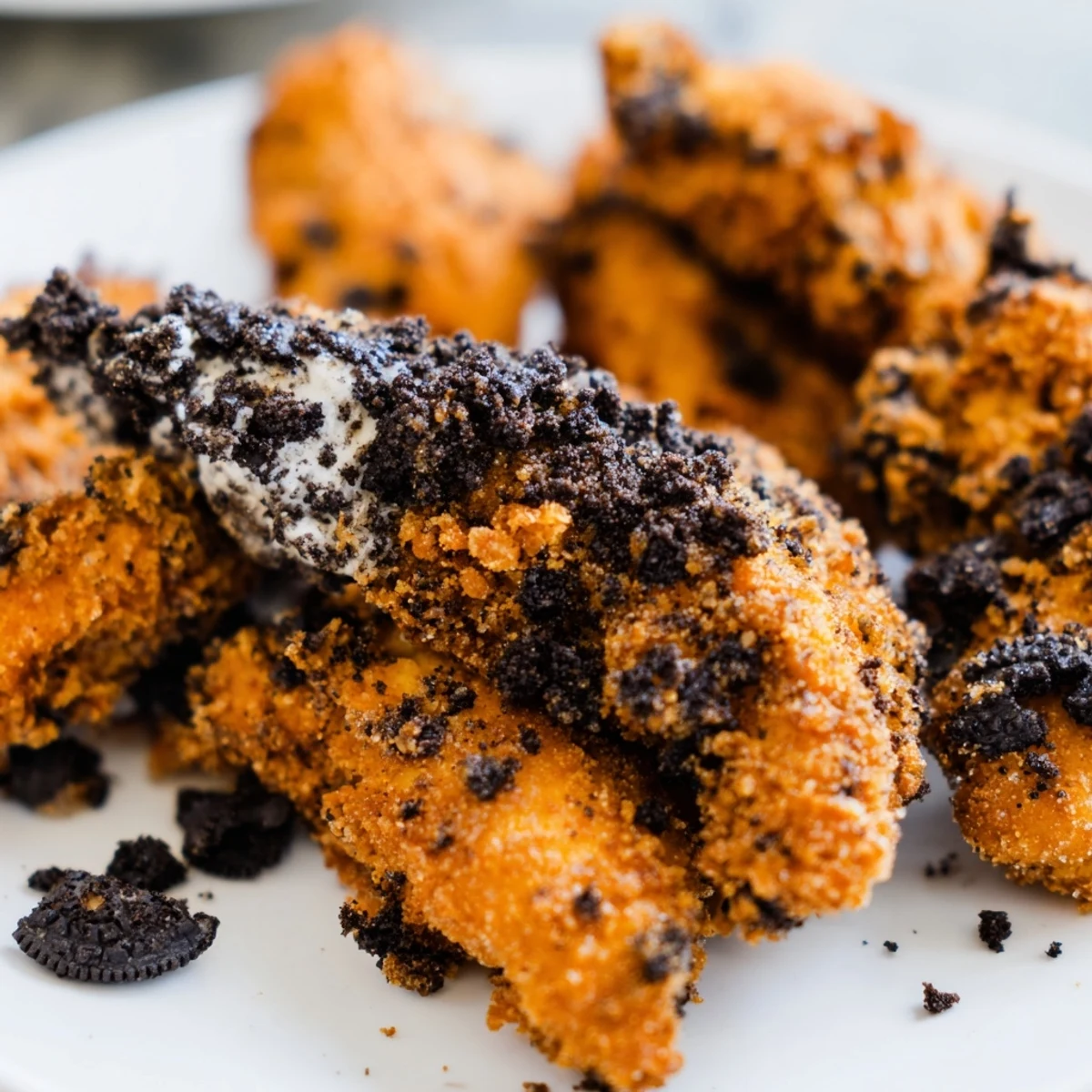 Crispy-fried DIY KFC Oreo Krusher-inspired chicken tenders: a sweet and savory, indulgent snack with a delicious crunch.