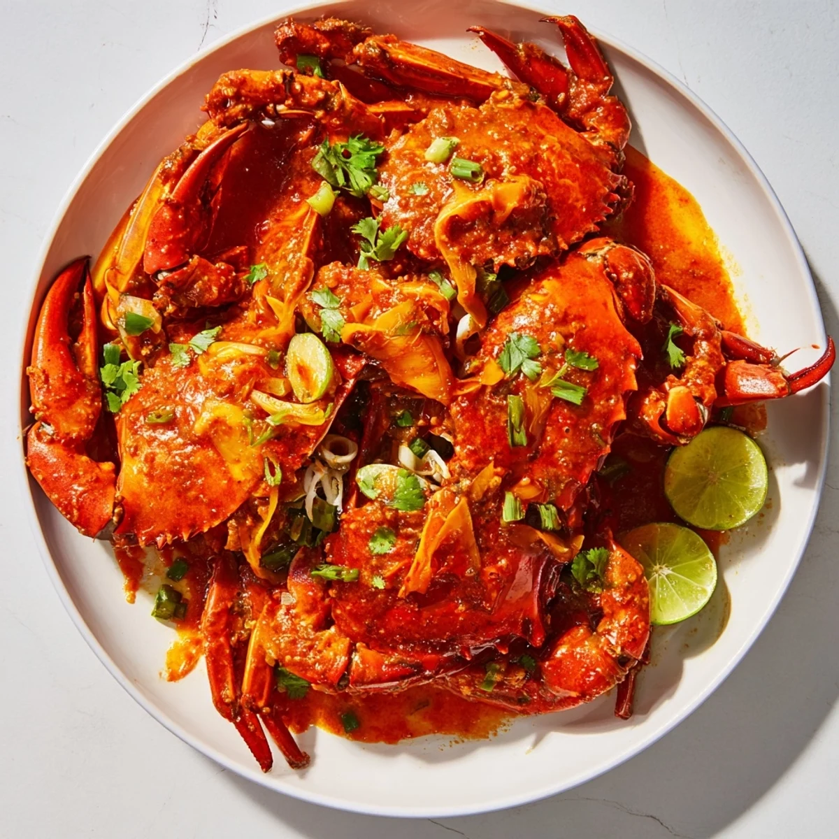 Steaming Singaporean Chili Crab in a rich tomato sauce, ready to serve with fragrant steamed buns.