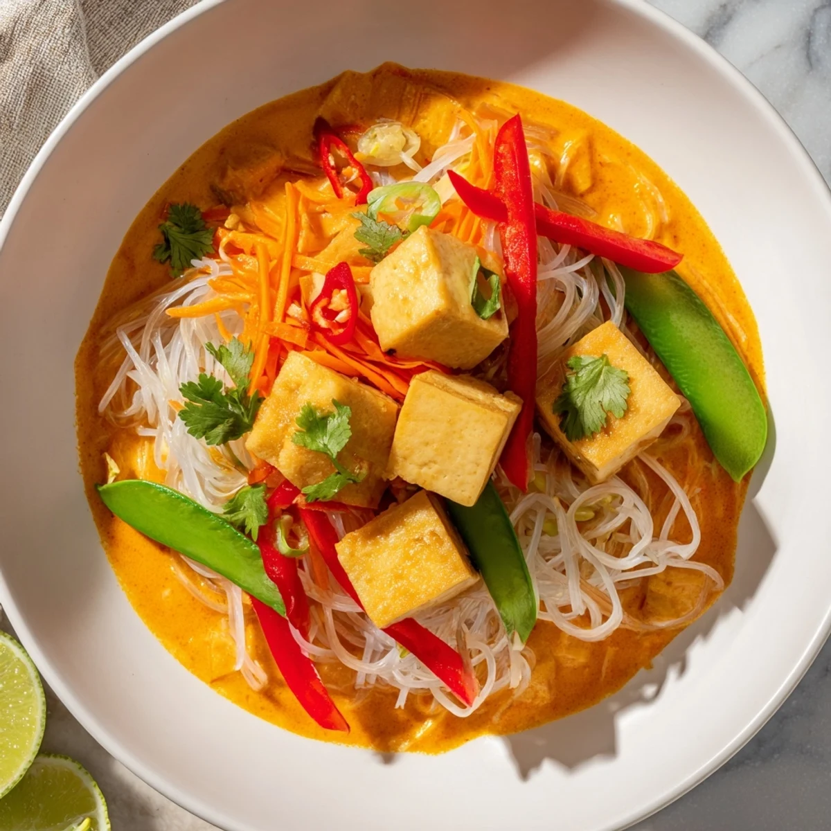 Steaming bowl of Malaysian Laksa Curry boasting vibrant vegetables and creamy coconut broth, ready to serve.