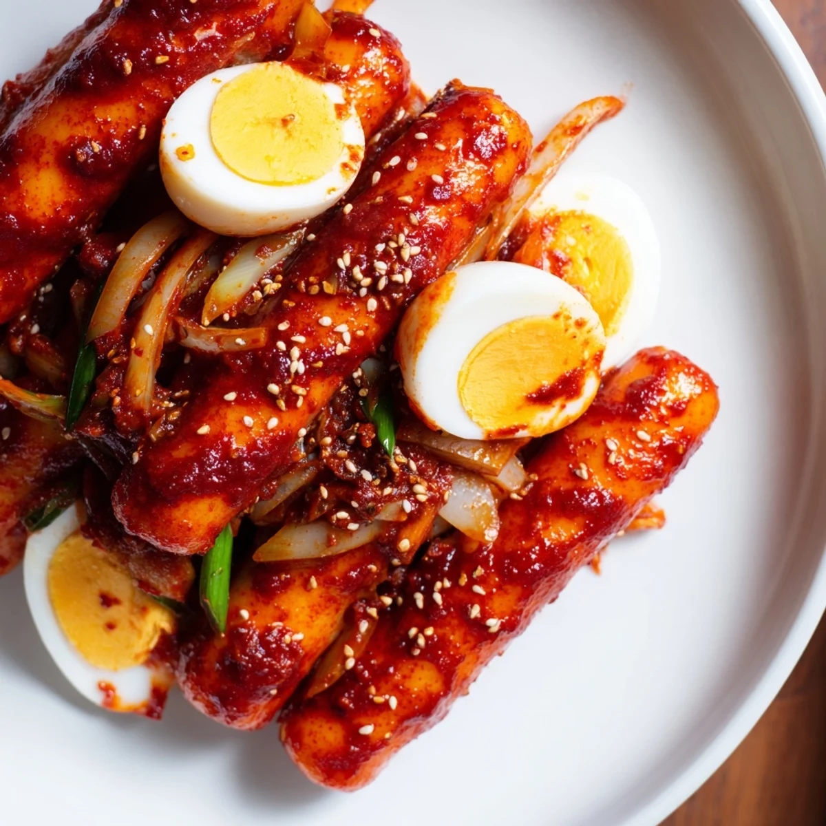 A close-up of delicious Korean Tteokbokki, featuring chewy rice cakes glistening in spicy gochujang.