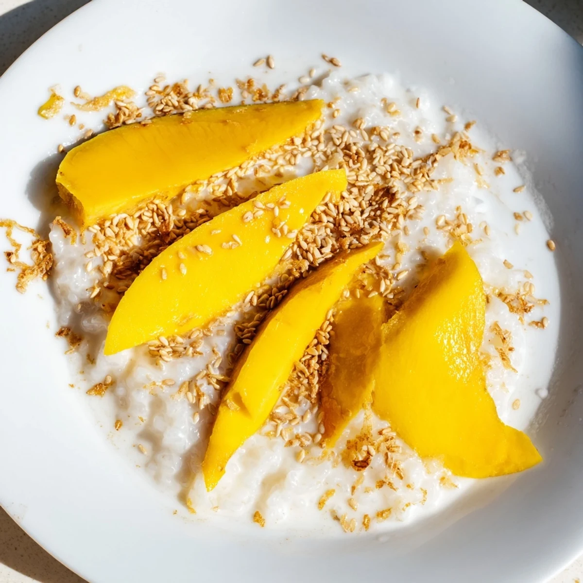 Sweet, vibrant slices of juicy mango alongside creamy coconut Thai Mango Sticky Rice.