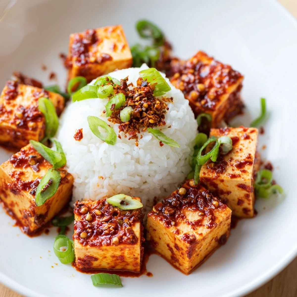 Steaming white rice topped with vibrant Mapo Tofu, a fragrant classic Sichuan dish.