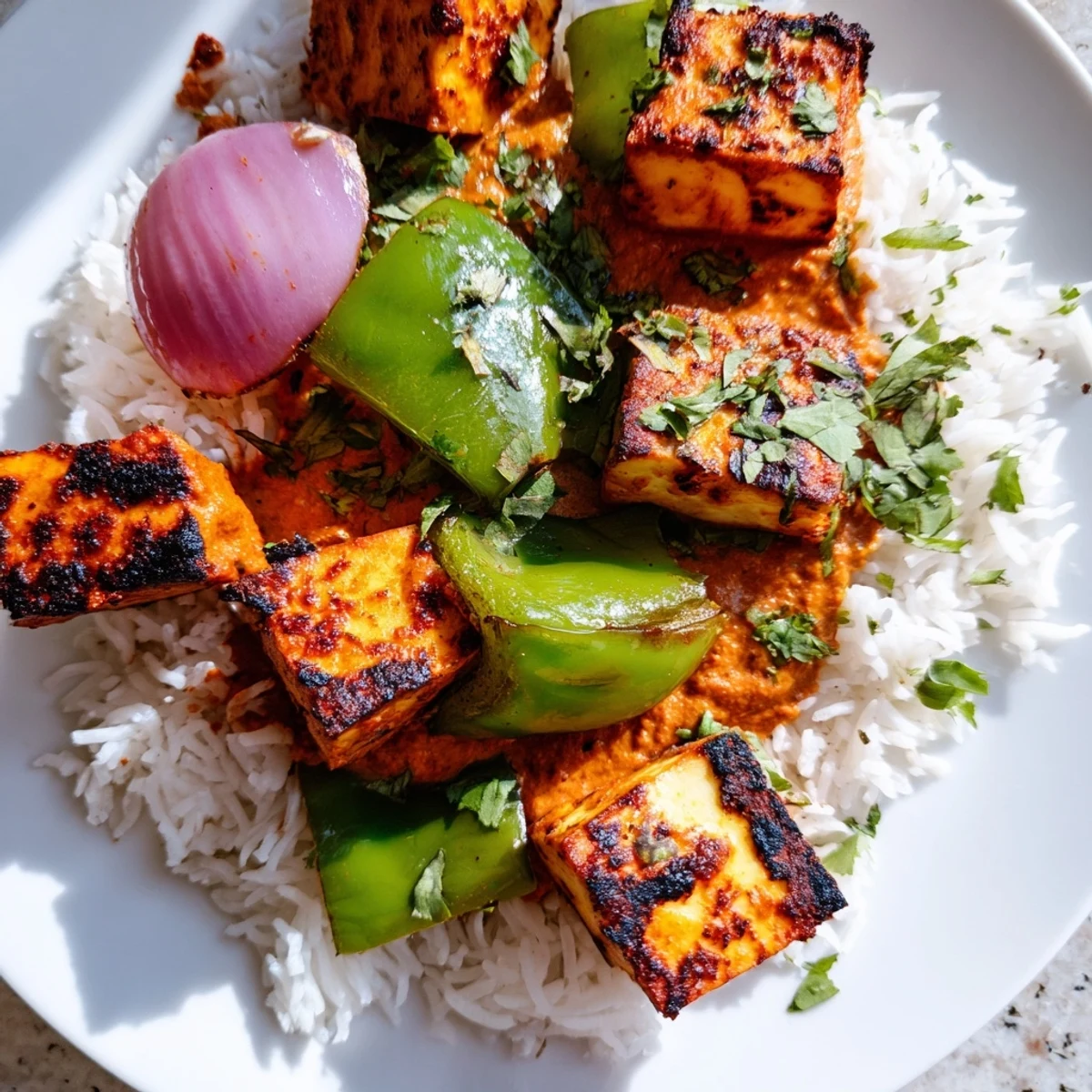 Golden paneer cheese cubes in creamy, spiced tomato sauce; this is Paneer Tikka Masala.