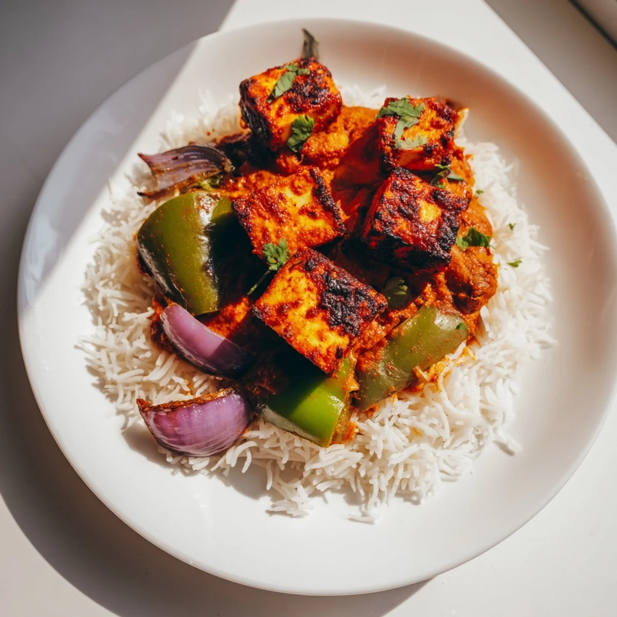 Fragrant Paneer Tikka Masala, featuring grilled paneer in a rich, flavorful tomato cream, is ready to savor.