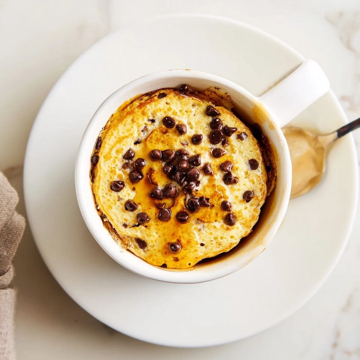 Fluffy Microwave Mug Pancakes with warm chocolate chips, drizzled with maple syrup for a cozy single serving.  