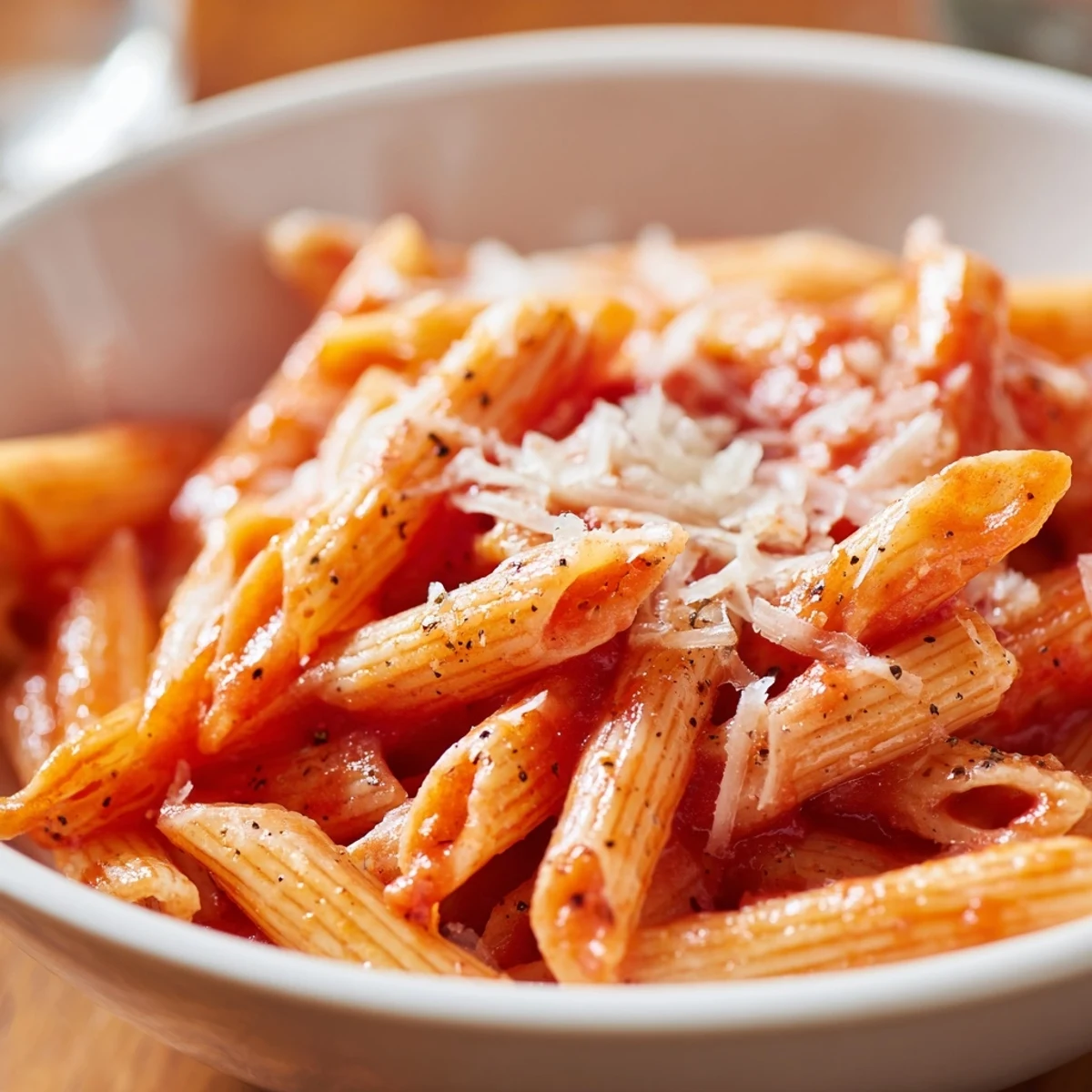 The final bowl of microwave pasta features perfectly cooked penne tossed with marinara sauce and topped with fresh Parmesan.
