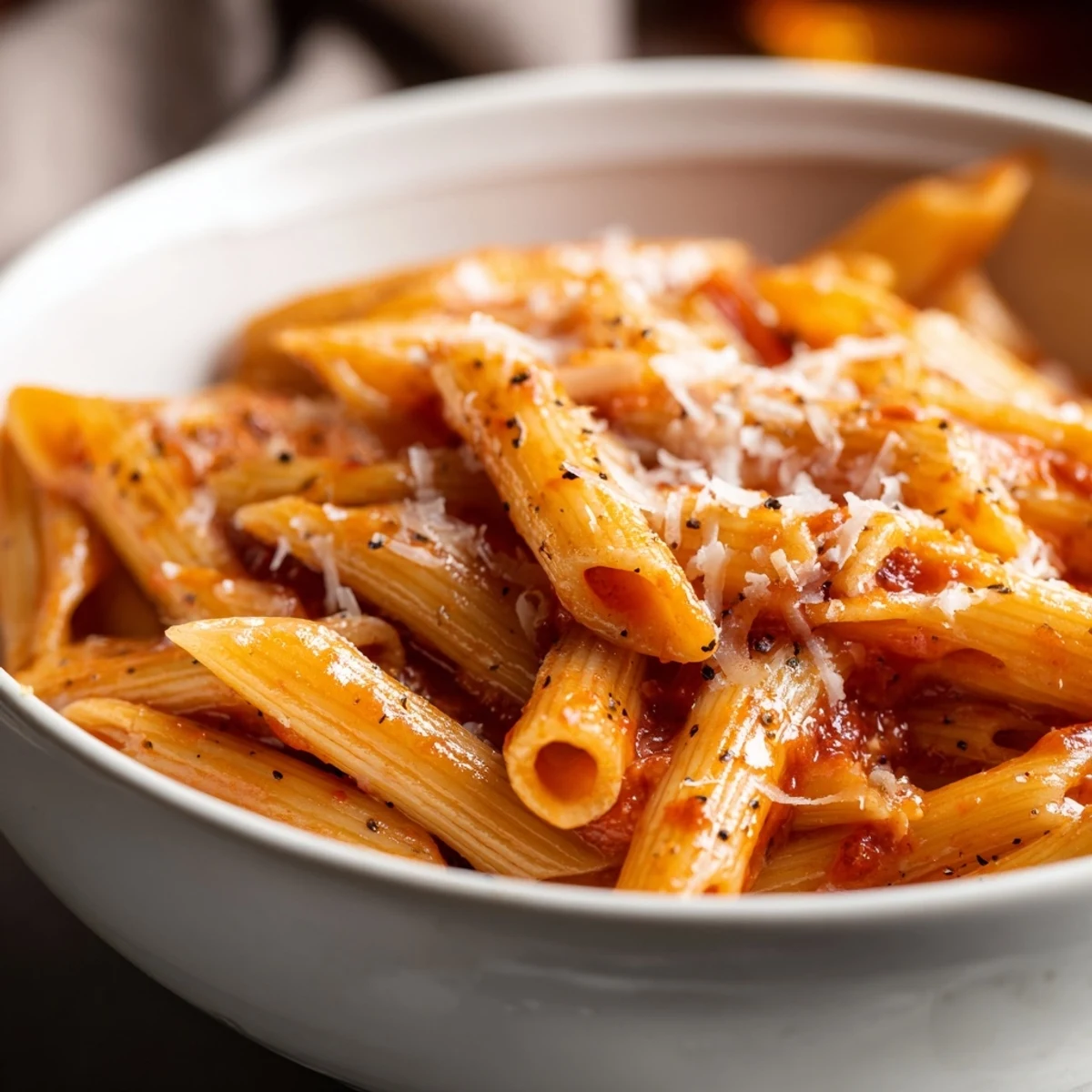 A single serving of microwave bowl pasta sits next to fresh basil and a fork, ready for a quick dinner.