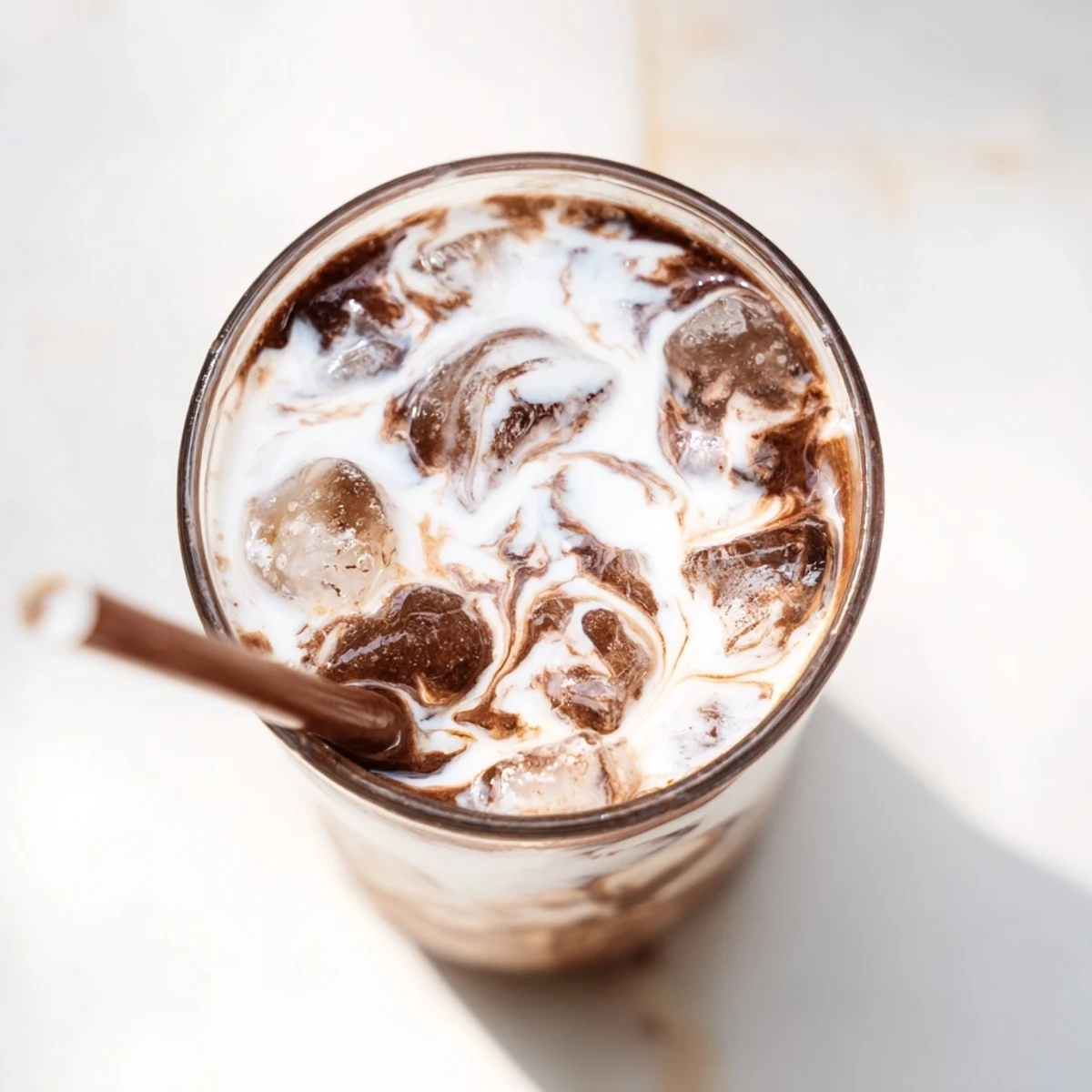 Stirring the chocolatey Milo Ice Latte Hack in a glass, with a spoon and milk nearby for a refreshing treat.