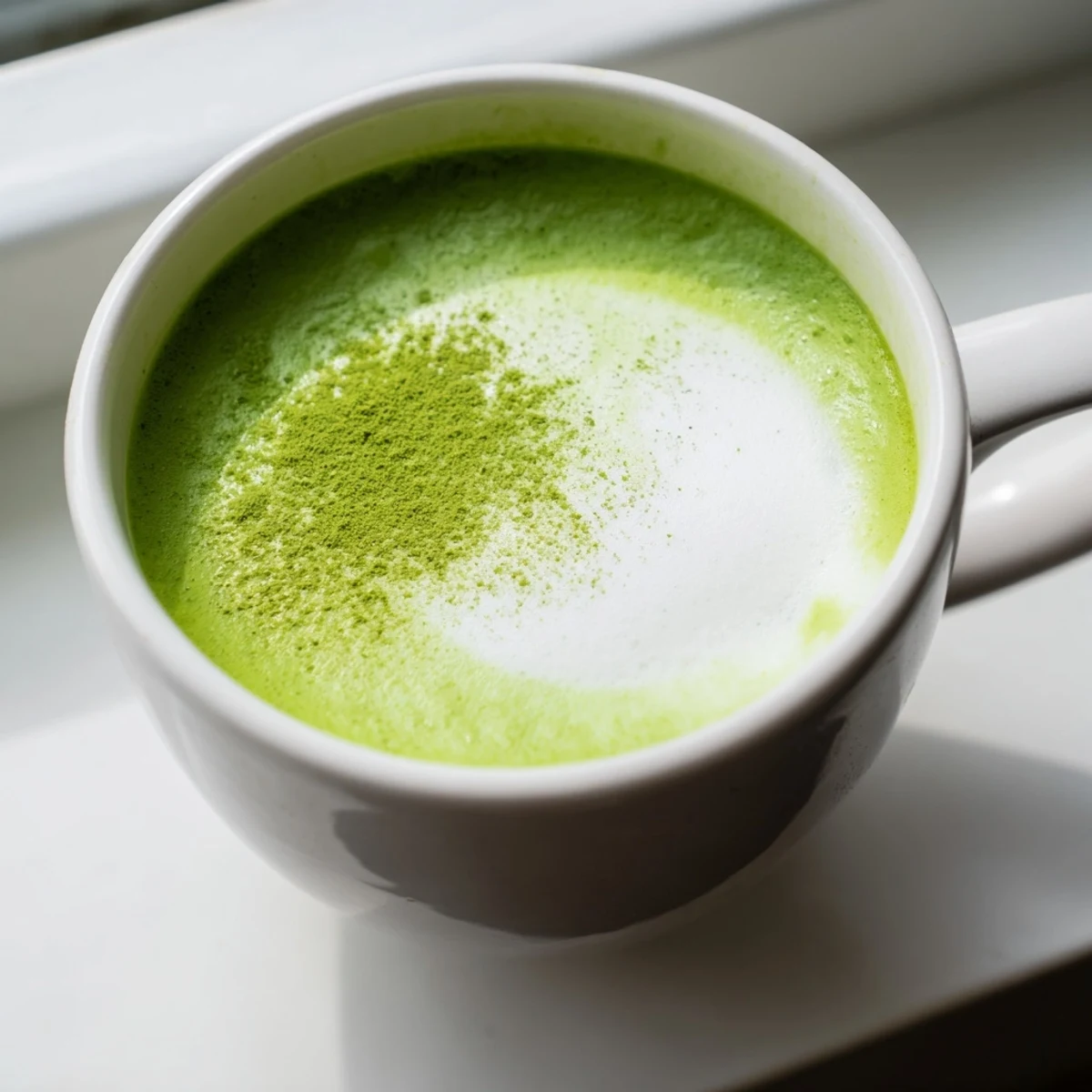 Creamy, frothy matcha green tea latte topped with a sprinkle of matcha powder, served hot in a clear glass mug for a vibrant morning treat.