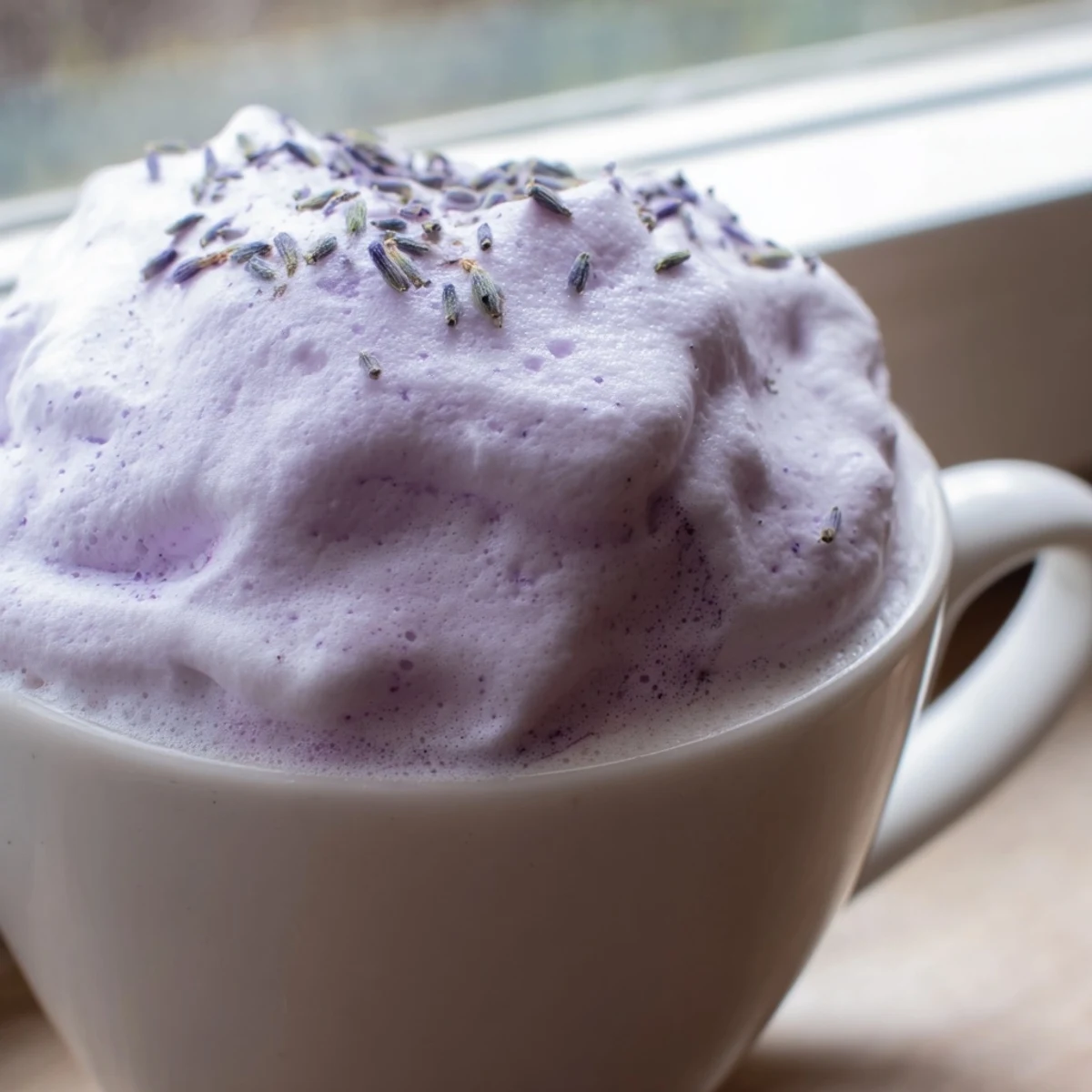 Homemade lavender latte with fragrant floral notes, served warm with a delicate cloud of frothy milk.  