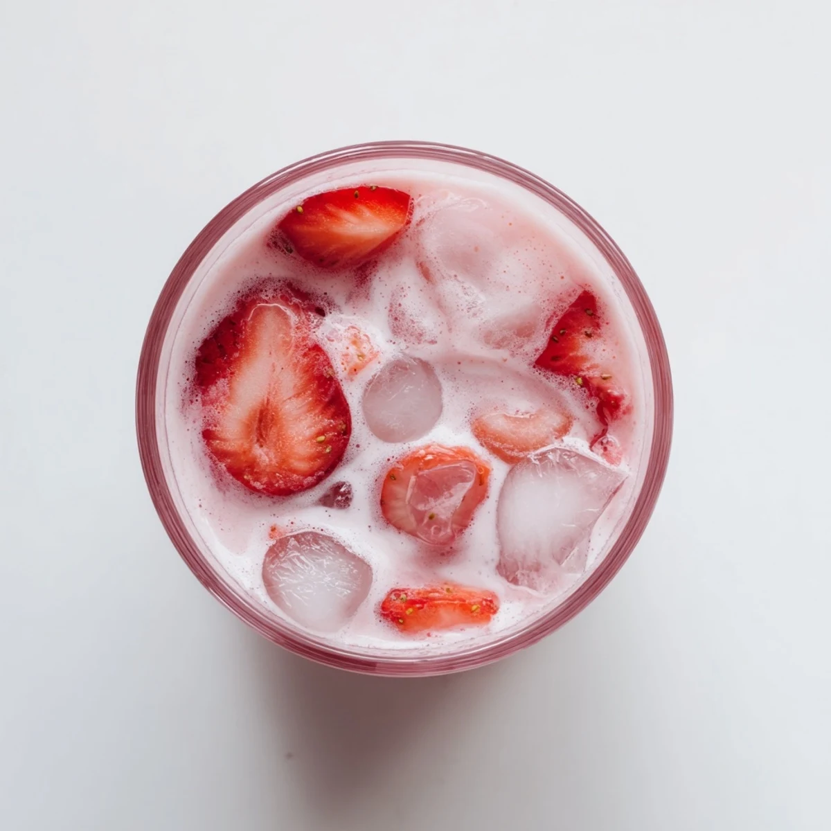 A tall glass of Refresher Copycat Pink Drink filled with ice, creamy coconut milk, and fresh sliced strawberries.  