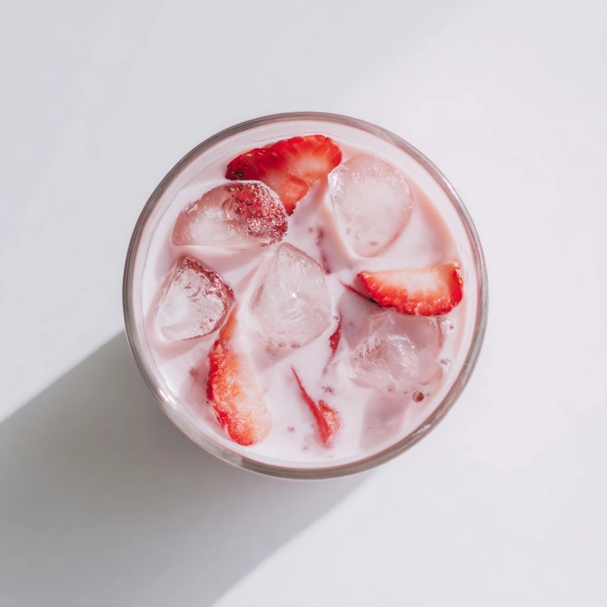 Refresher Copycat Pink Drink served chilled in a clear glass with pink strawberry swirls and a mint garnish.  