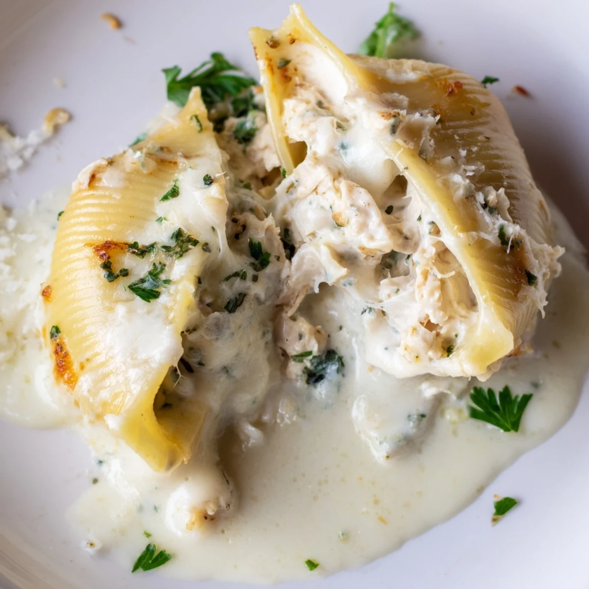 Golden-brown baked Chicken Alfredo Stuffed Shells fresh from the oven, with melted cheese and creamy sauce bubbling on top.  