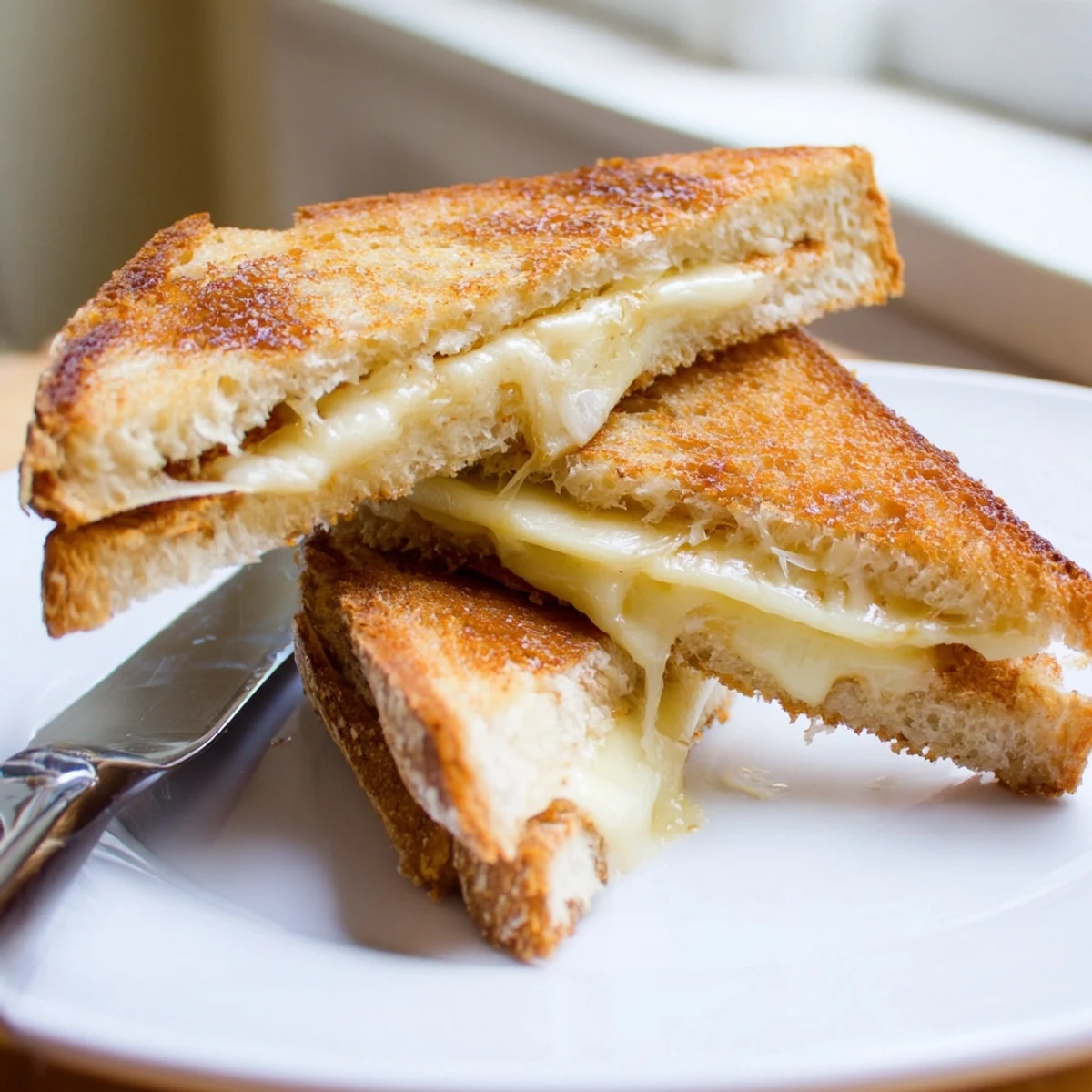 Golden-brown Three-Cheese Grilled Cheese sandwiches on sourdough, melty cheese oozing from the crispy crust.  