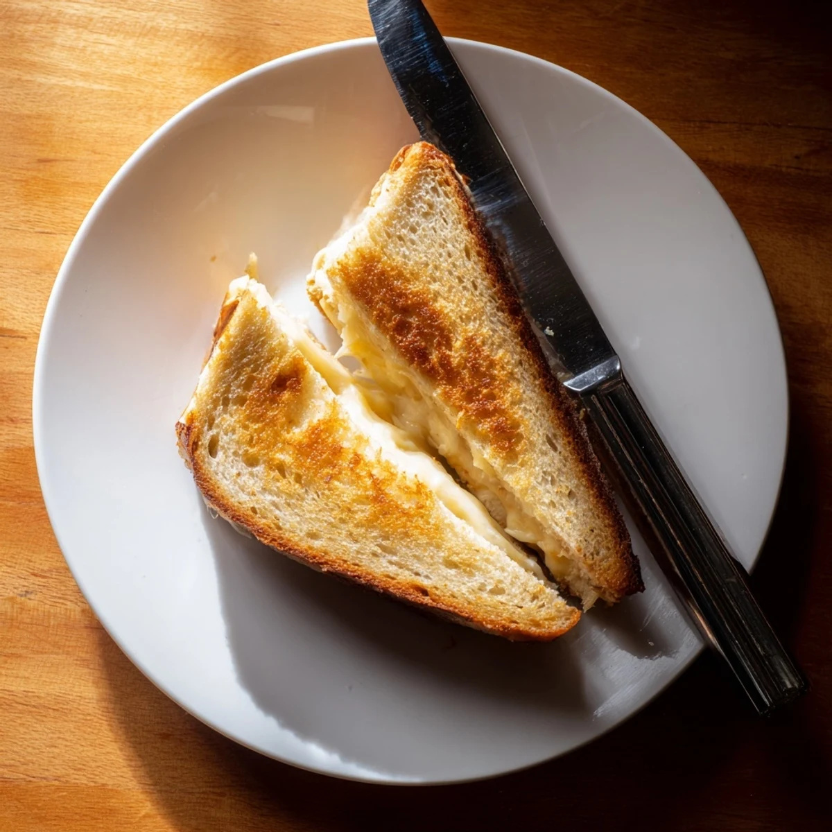 A close-up of a Three-Cheese Grilled Cheese slice showing the gooey mozzarella, cheddar, and provolone melt.