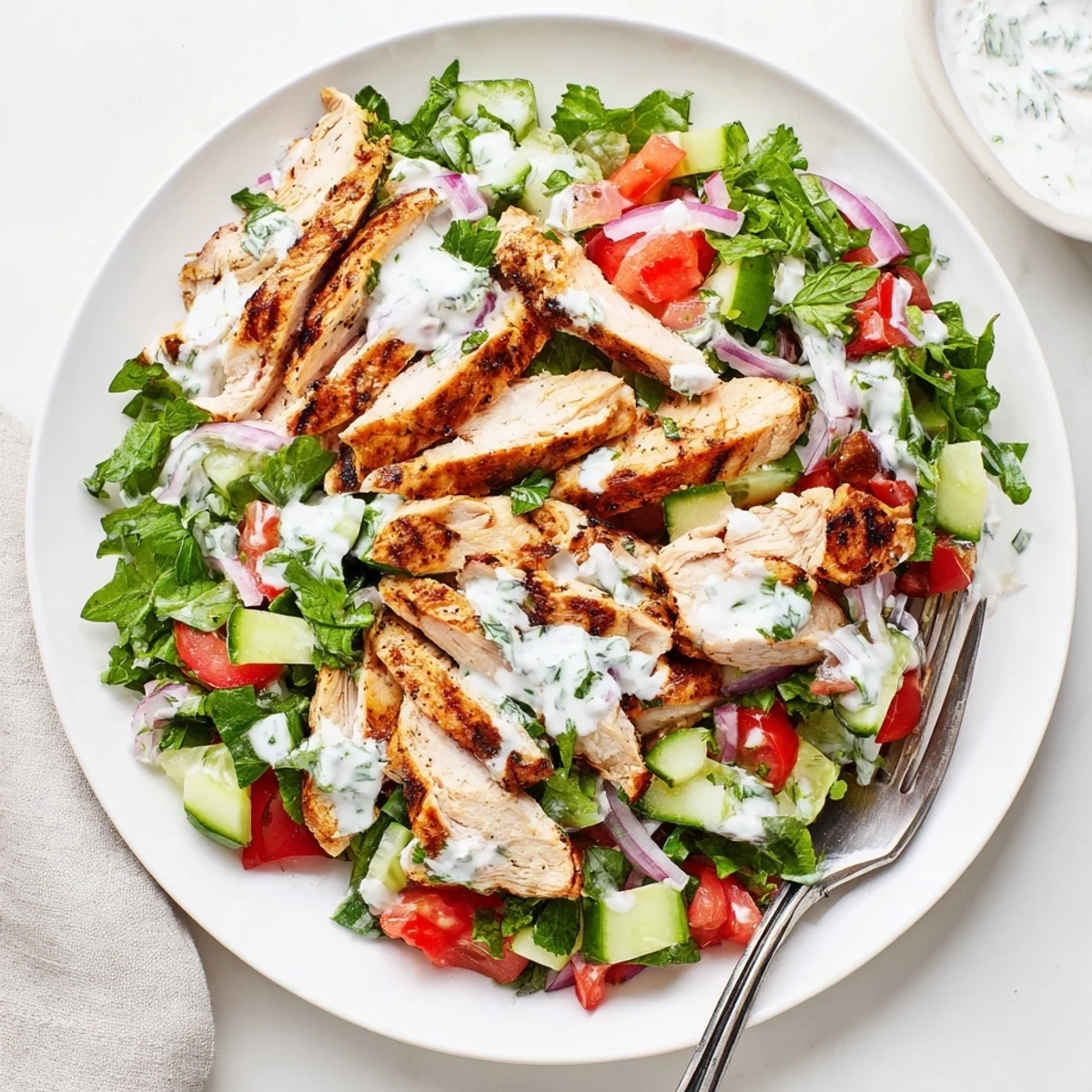 A vibrant Chicken Shawarma Salad with spiced grilled chicken, crisp cucumber, tomato, and greens, topped with creamy yogurt dressing.