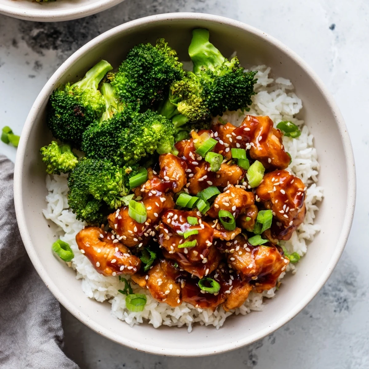 A close-up of a vibrant Sweet Chili Chicken Bowl with glossy glazed chicken and bright green steamed broccoli over fluffy jasmine rice.
