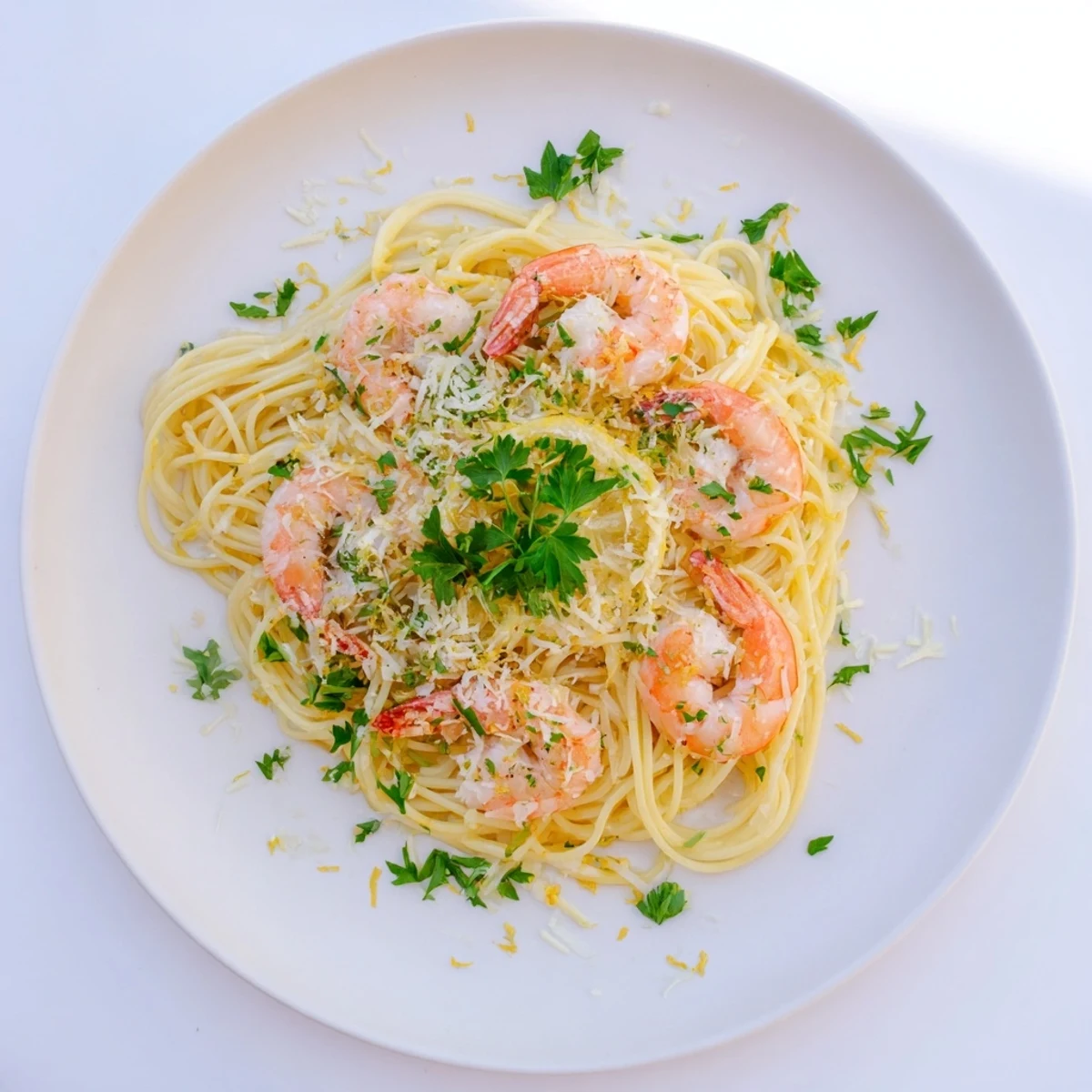 A serving of Lemon Garlic Shrimp Pasta garnished with fresh parsley and Parmesan, ready to enjoy with lemon wedges.