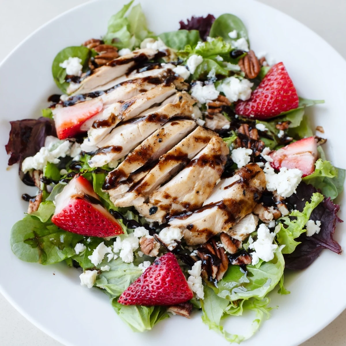 Grilled chicken slices fan over vibrant greens, fresh strawberries, red onion, feta, and toasted pecans, drizzled with balsamic glaze for a colorful Strawberry Balsamic Chicken Salad.