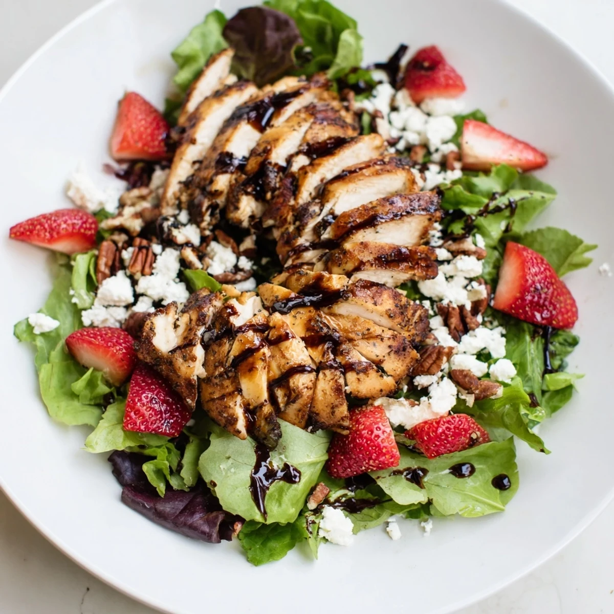 A close-up of juicy strawberries and creamy feta on crisp mixed greens, with tender grilled chicken strips and a glossy balsamic drizzle over the Strawberry Balsamic Chicken Salad.