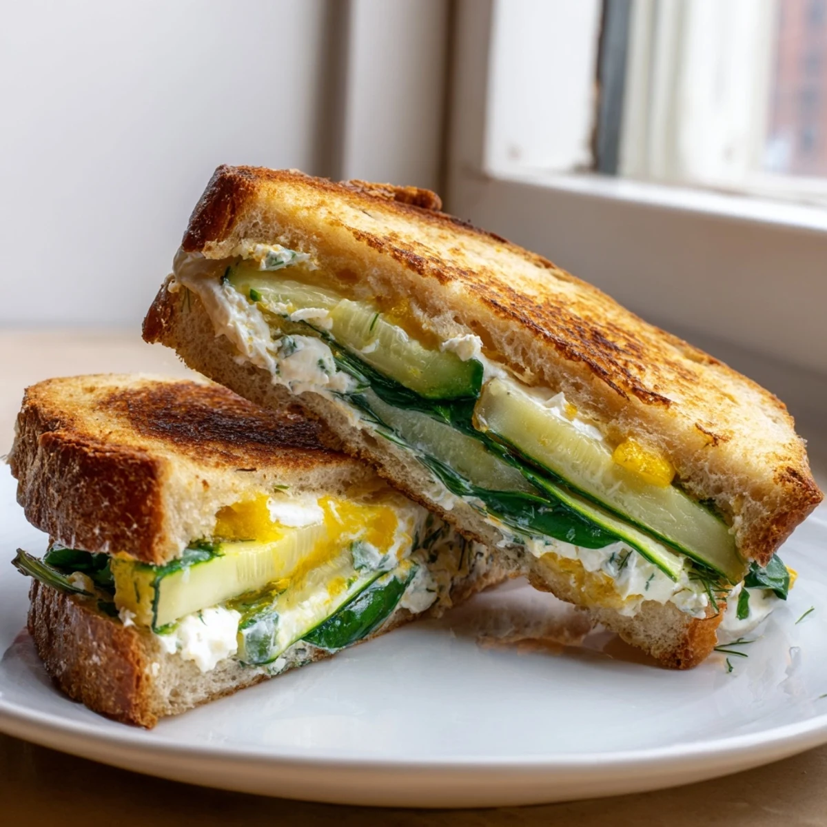 Mediterranean-inspired Whipped Feta Spring Grilled Cheese features whipped feta spread, spinach, and cucumber nestled between buttery bread.