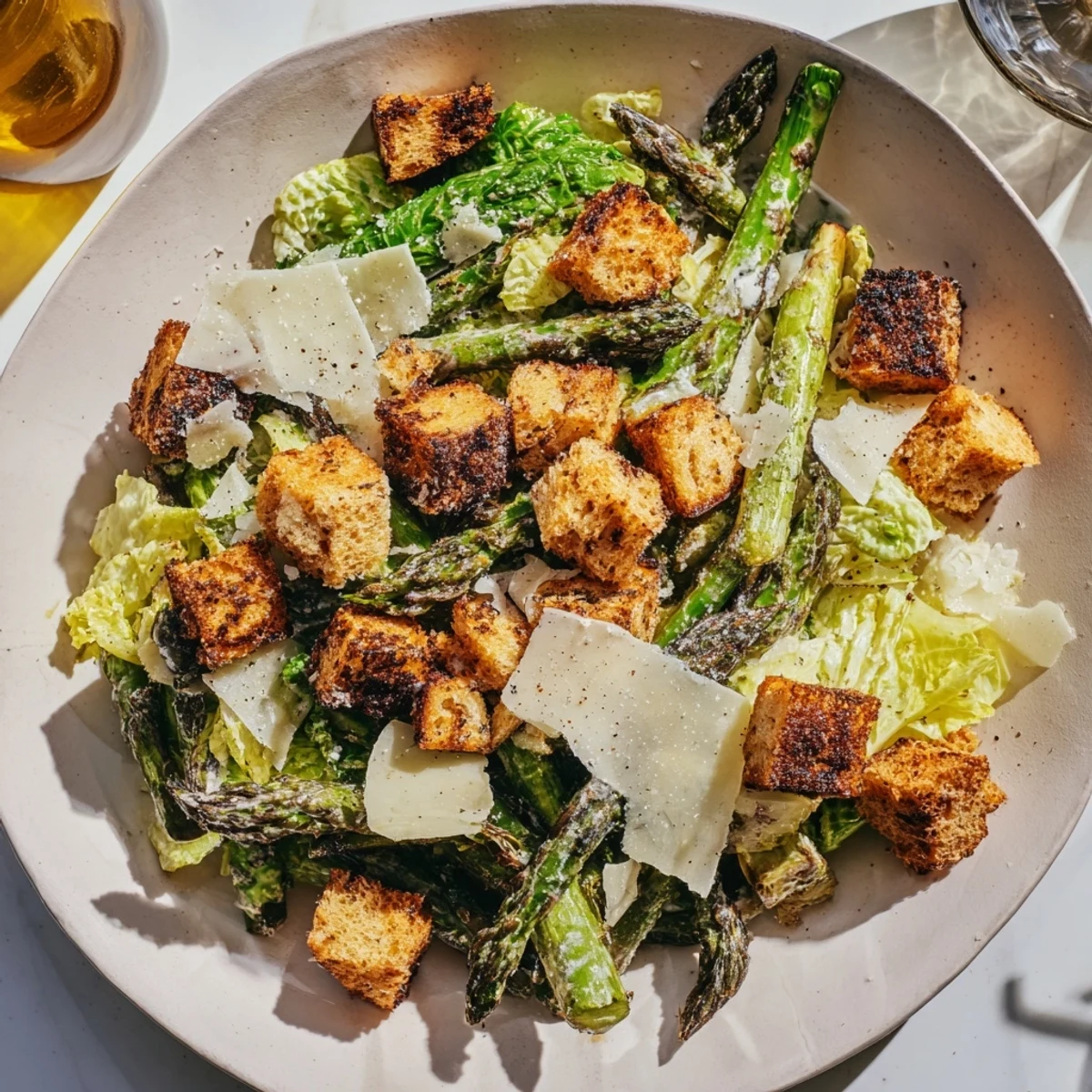 Roasted asparagus Caesar salad features charred spears, crisp romaine, tangy yogurt dressing, and crunchy homemade croutons on a plate.