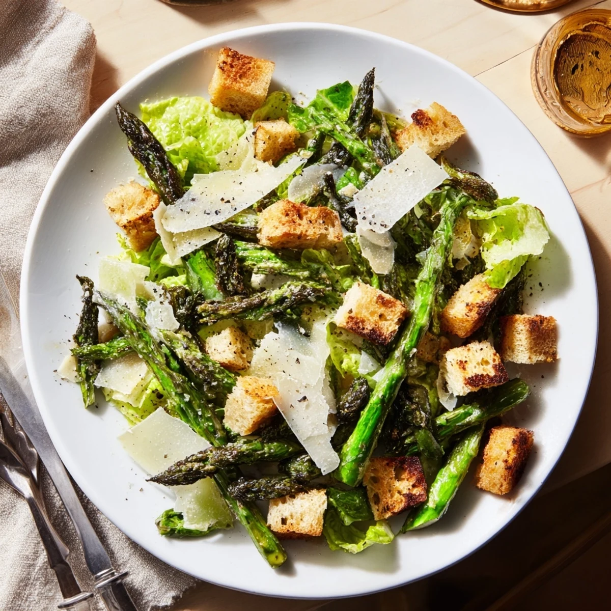 Freshly roasted asparagus spears are piled atop crunchy romaine in this vibrant Roasted Asparagus Caesar Salad.
