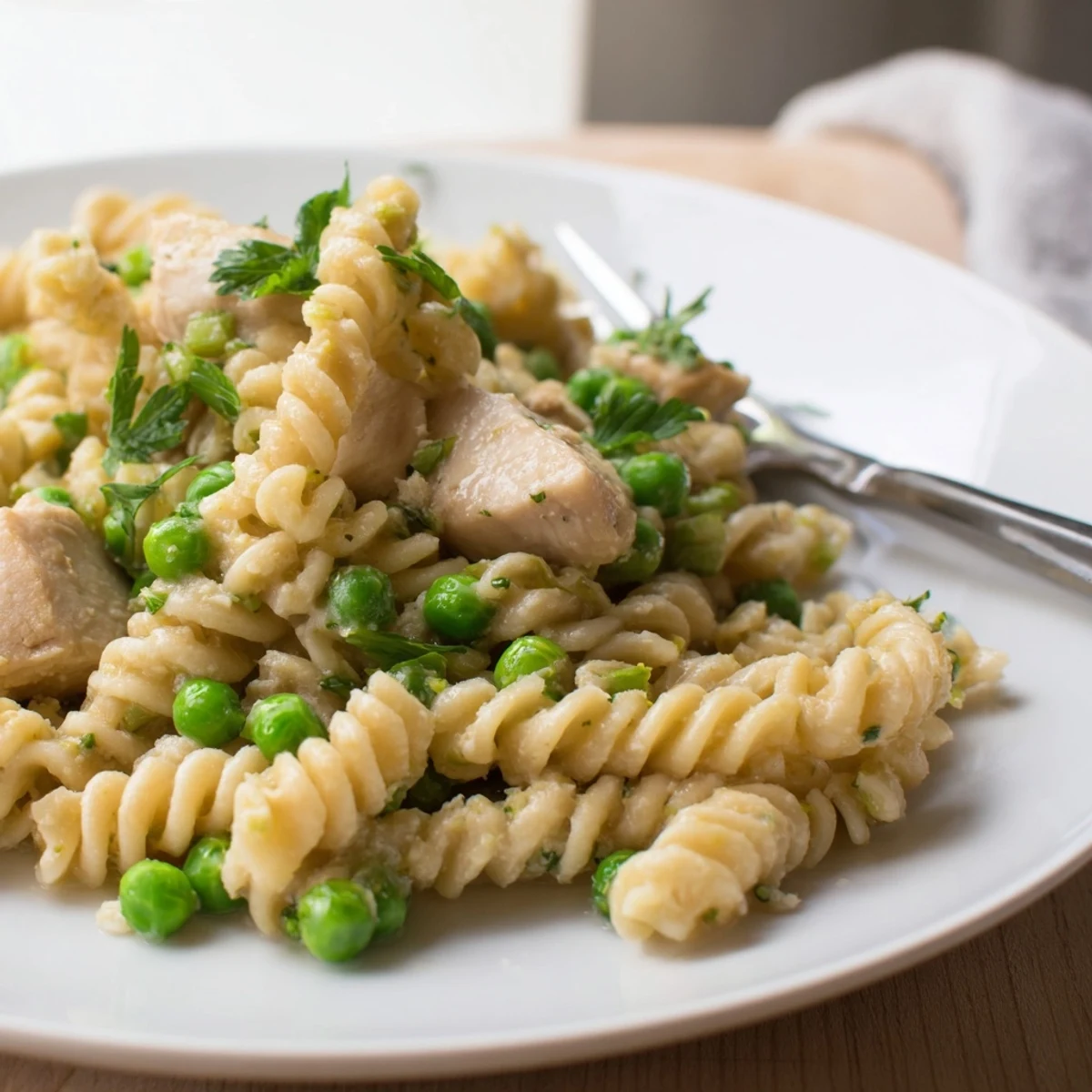 Golden-brown chicken pieces, bright green peas, and curly fusilli pasta coated in a rich, glossy garlic butter sauce.