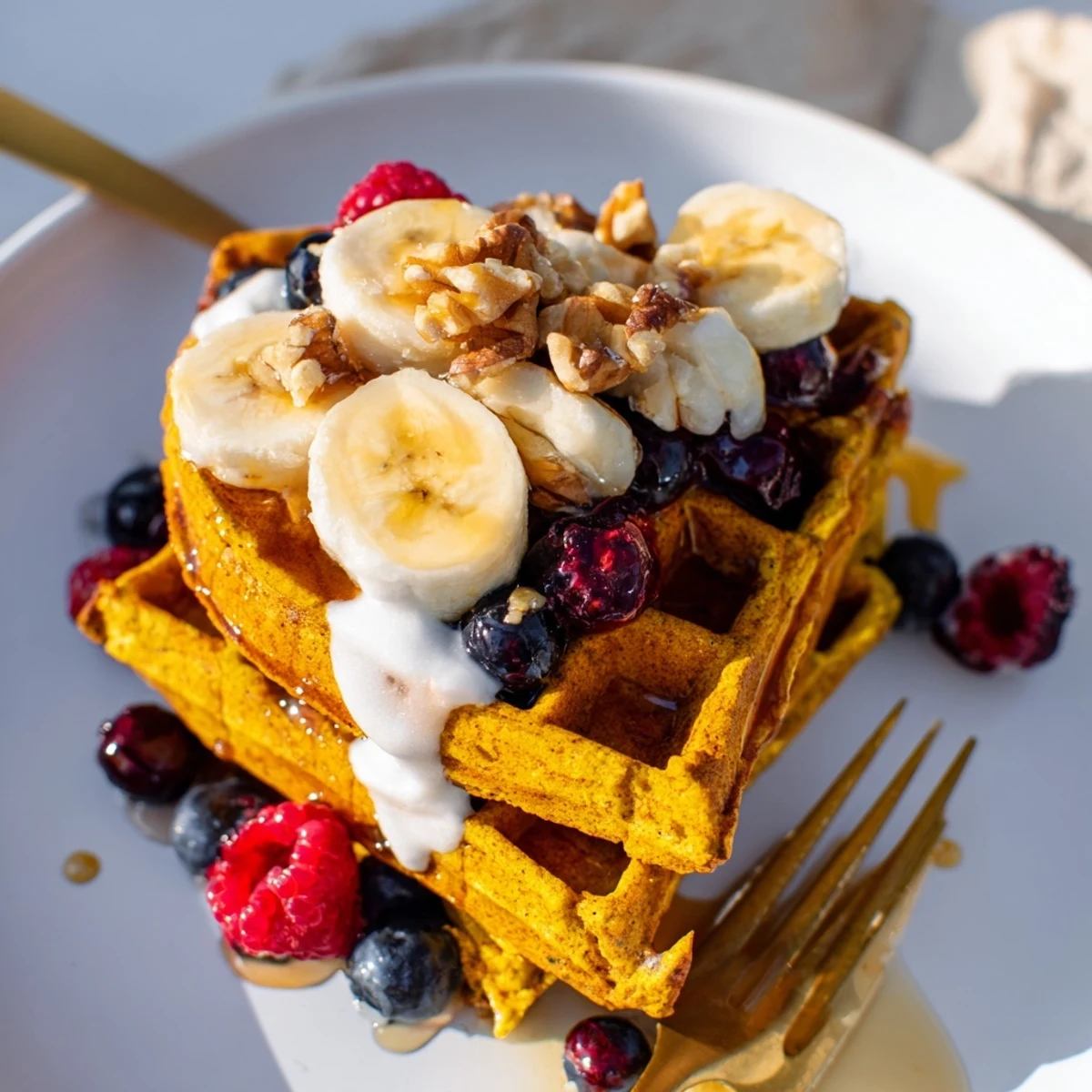 Golden, fluffy Anti-Inflammatory Adaptogenic Turmeric Waffles with fresh berries and a drizzle of maple syrup.  