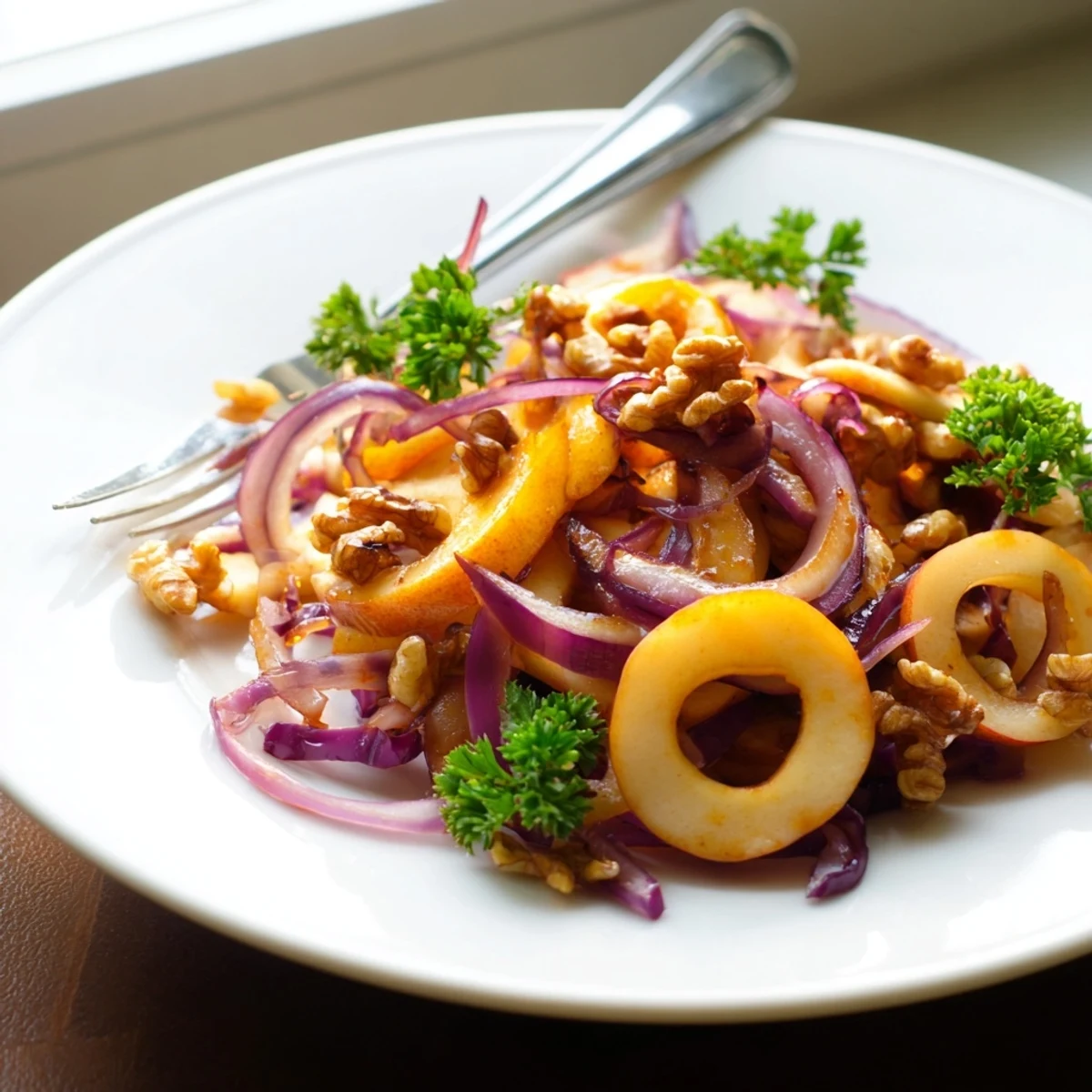 Golden apple slices and warm sauerkraut in a skillet, garnished with fresh parsley and toasted walnuts for a vibrant salad side.
