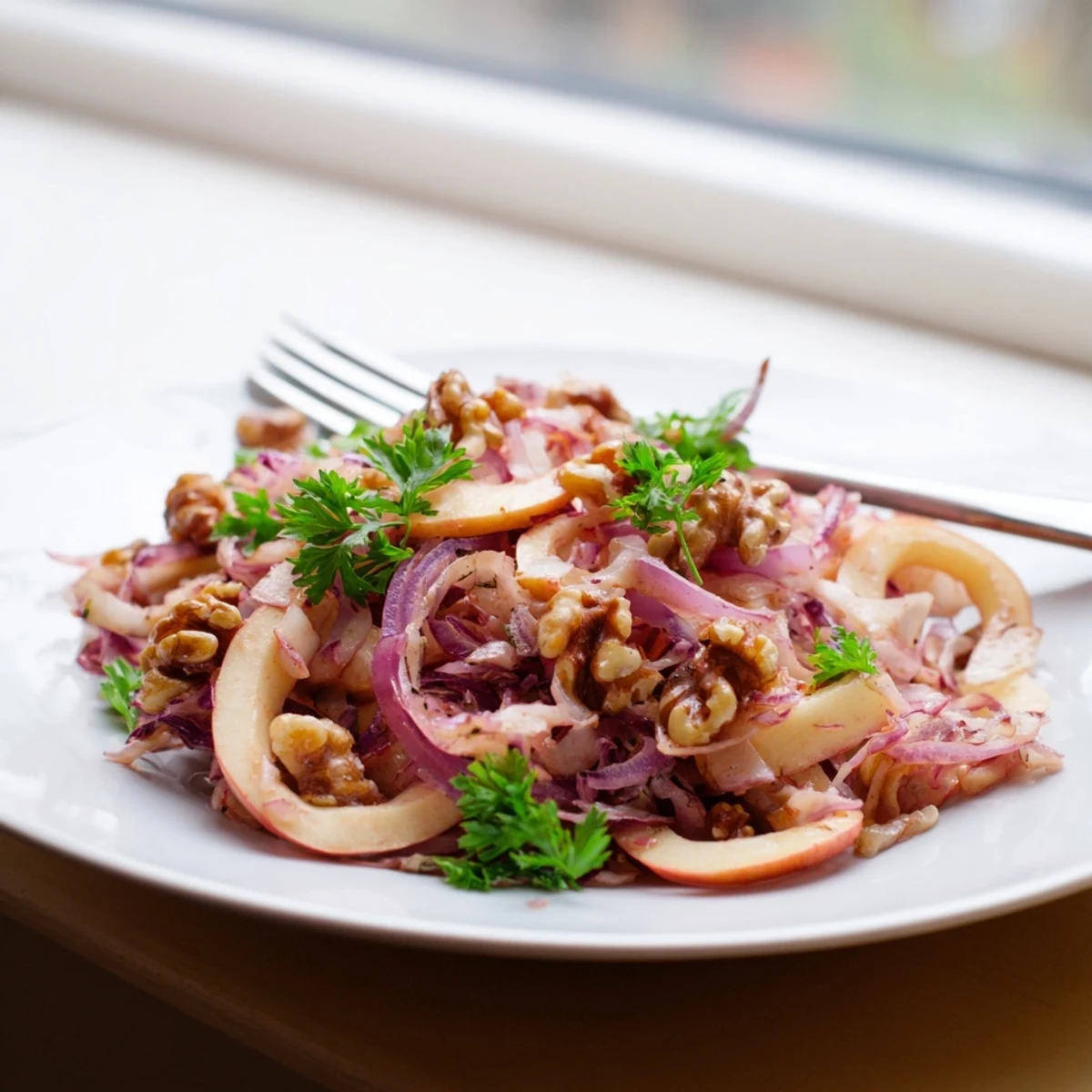 A skillet of caramelized apples and tangy sauerkraut, finished with caraway seeds and chopped parsley for a rustic, German-inspired salad.