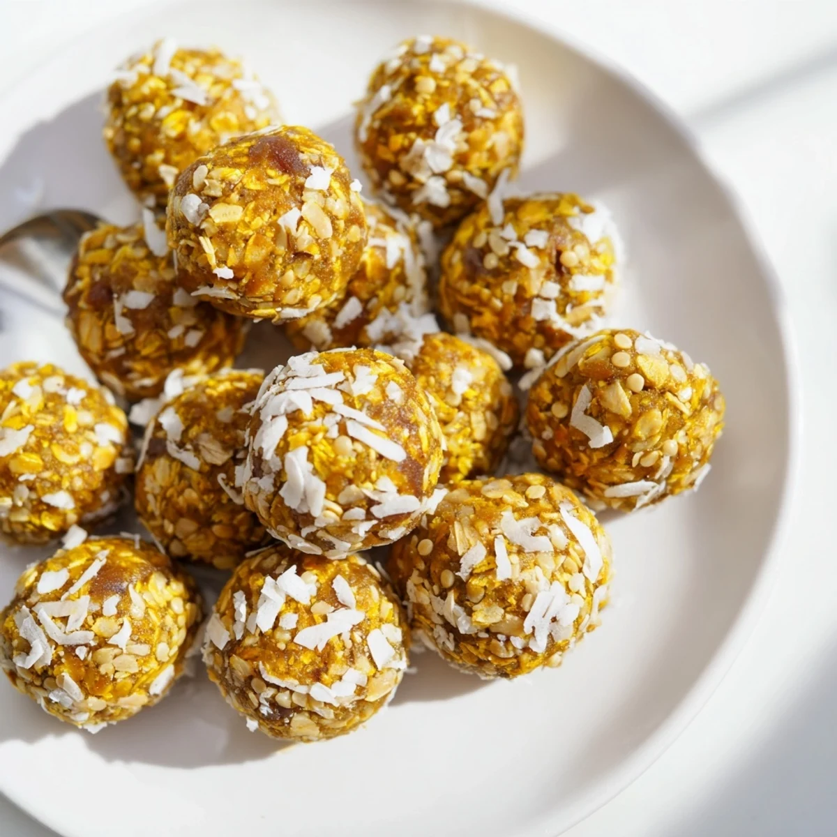 Vibrant golden Ginger Turmeric Energy Balls served with a cup of herbal tea.