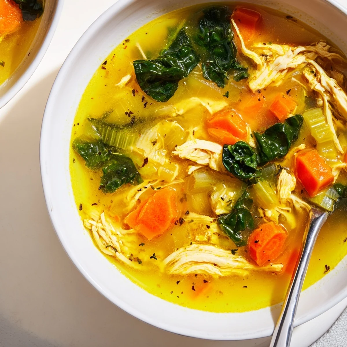 A steaming bowl of High Protein Lemon and Turmeric Chicken Soup, featuring tender shredded chicken and wilted baby kale in a golden broth.