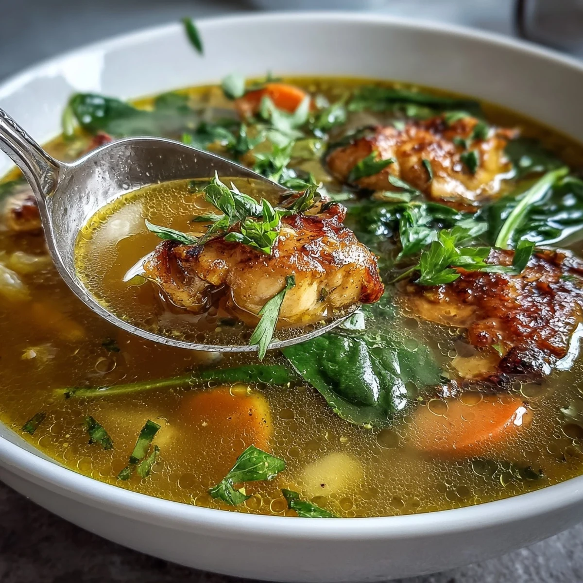 A steaming bowl of golden Turmeric Chicken Soup garnished with fresh parsley, featuring tender chicken and vibrant spinach leaves.  