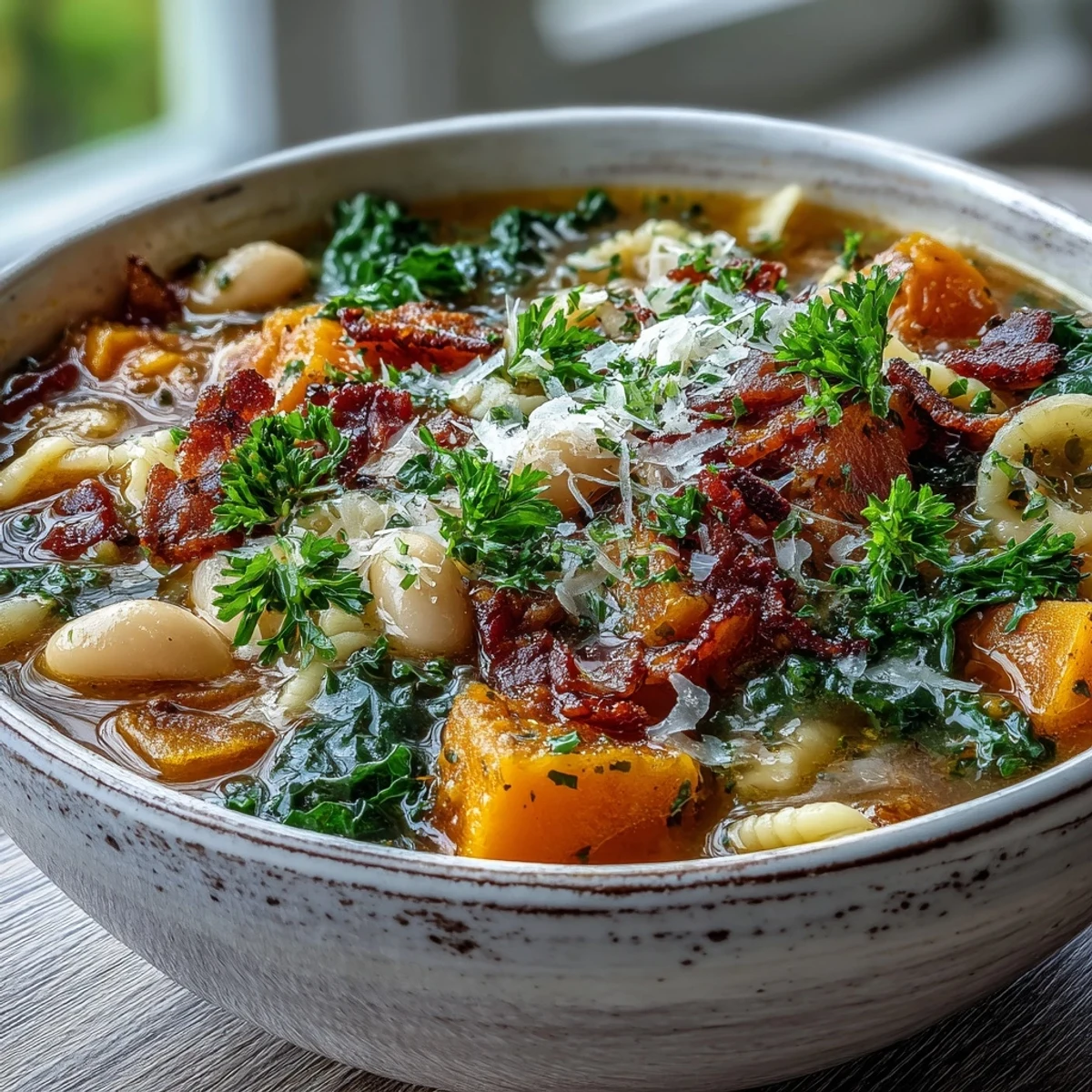 A hearty Fall Minestrone with ditalini pasta and creamy white beans garnished with parsley and Parmesan.