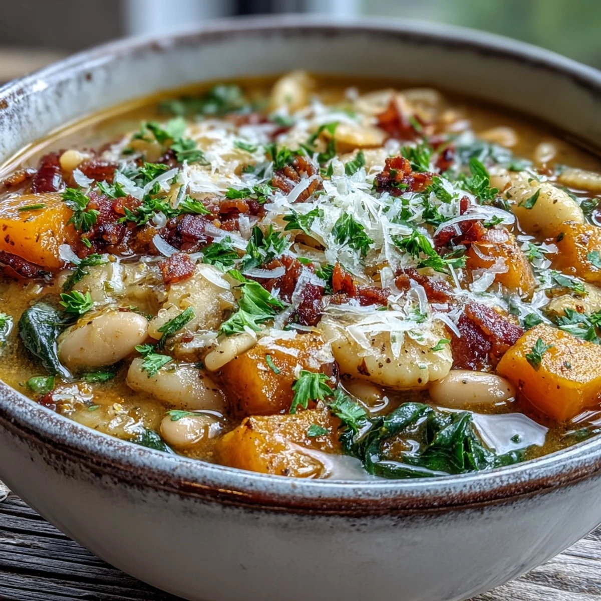 Dutch oven of simmering Fall Minestrone featuring tender squash, kale, and pancetta, perfect for autumn meal prep.