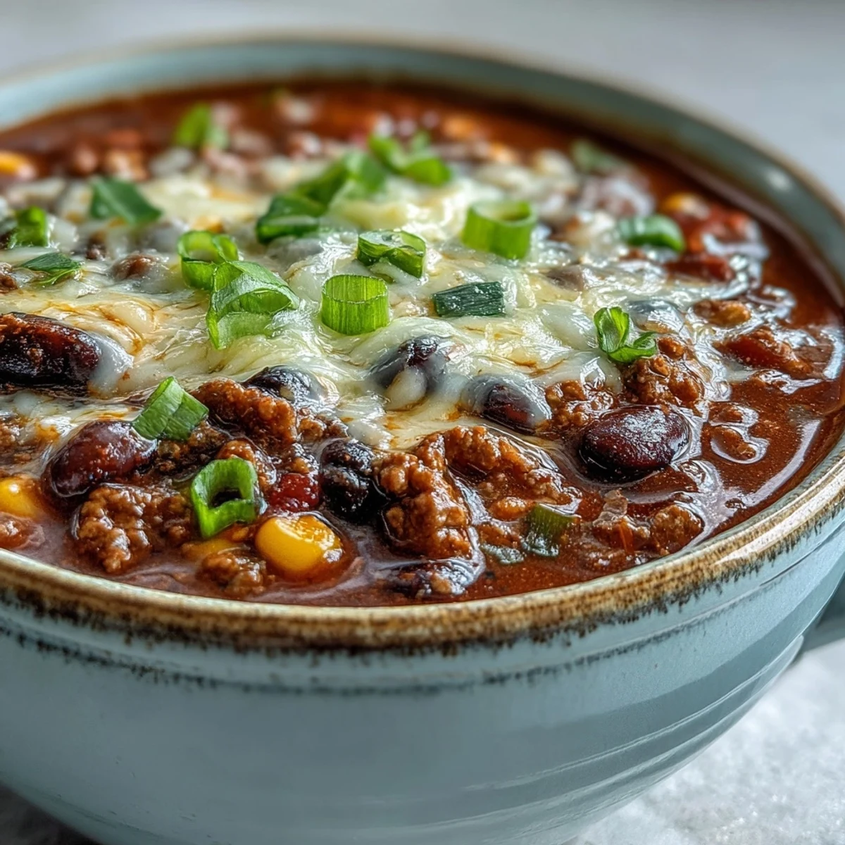 Creamy Taco Soup steaming in a white bowl, loaded with ground beef, corn, black beans, and cheddar, topped with green onions.