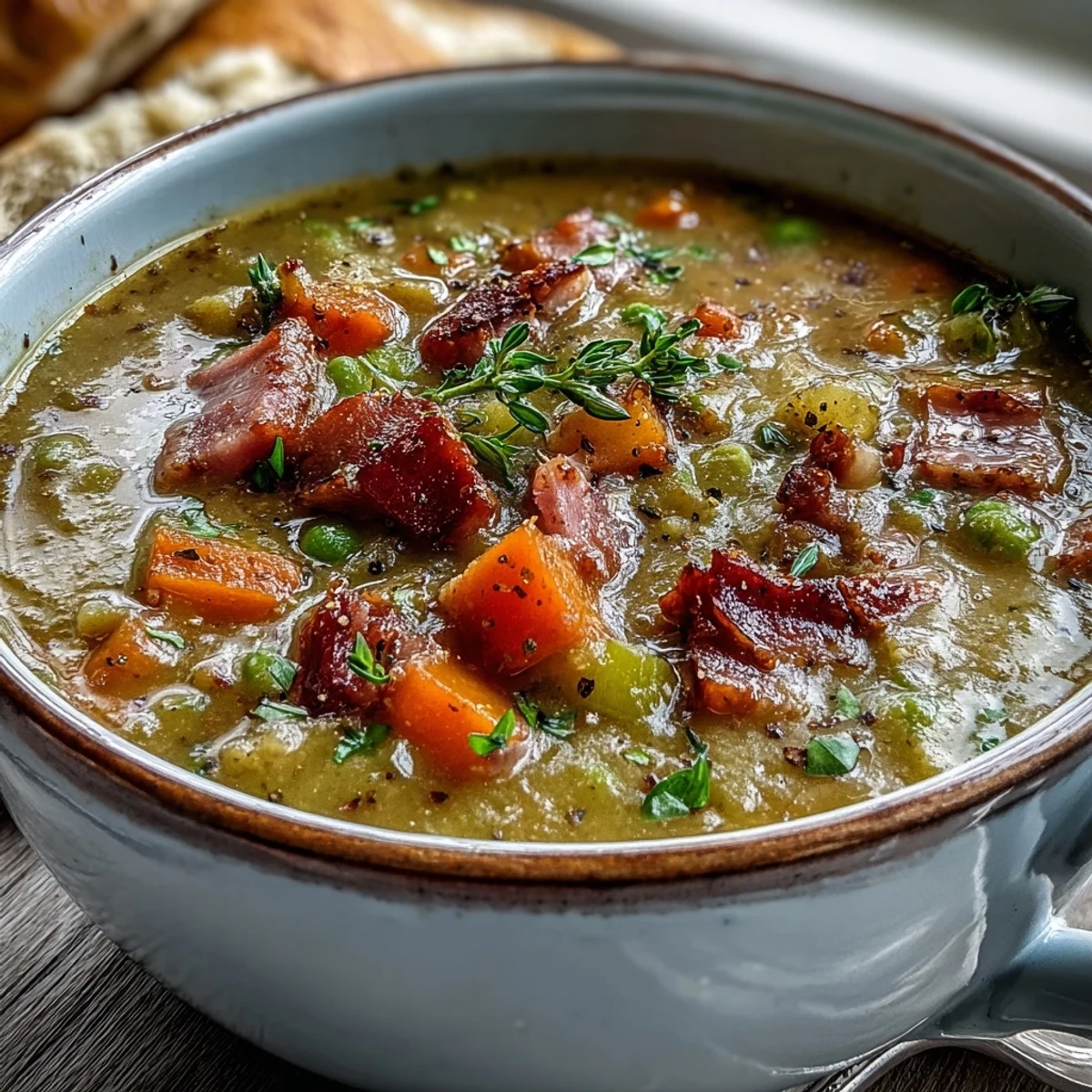 Hearty Split Pea and Ham Soup simmering in a pot, featuring tender peas, carrots, and savory diced ham.
