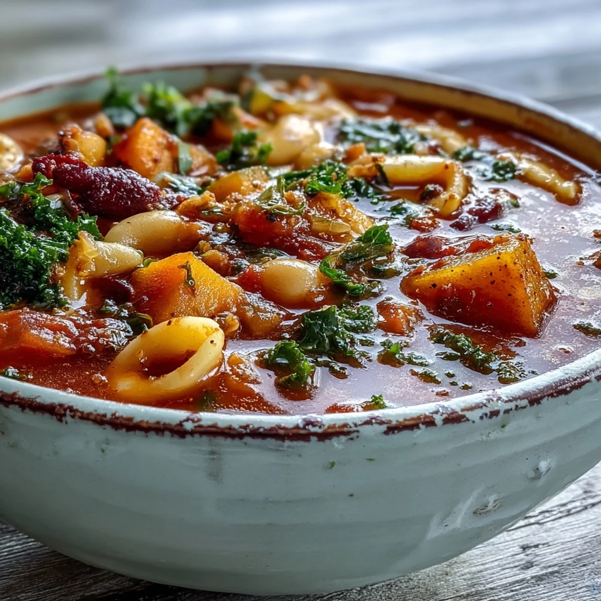 Steaming bowl of Winter Minestrone Soup with kale, butternut squash, and beans.
