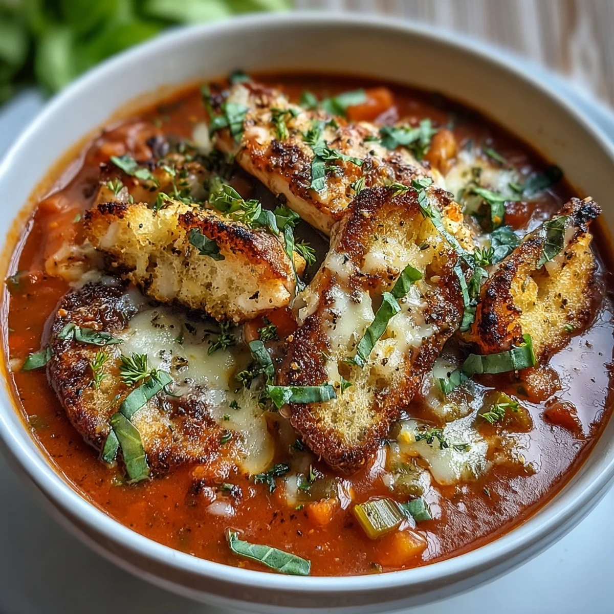 Grilled chicken simmered in tomato broth topped with Parmesan and mozzarella for Grilled Chicken Parmesan Soup.